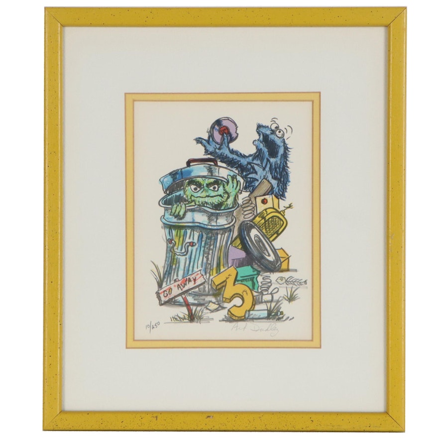 Art Dudley Color Lithograph of Oscar the Grouch and Cookie Monster