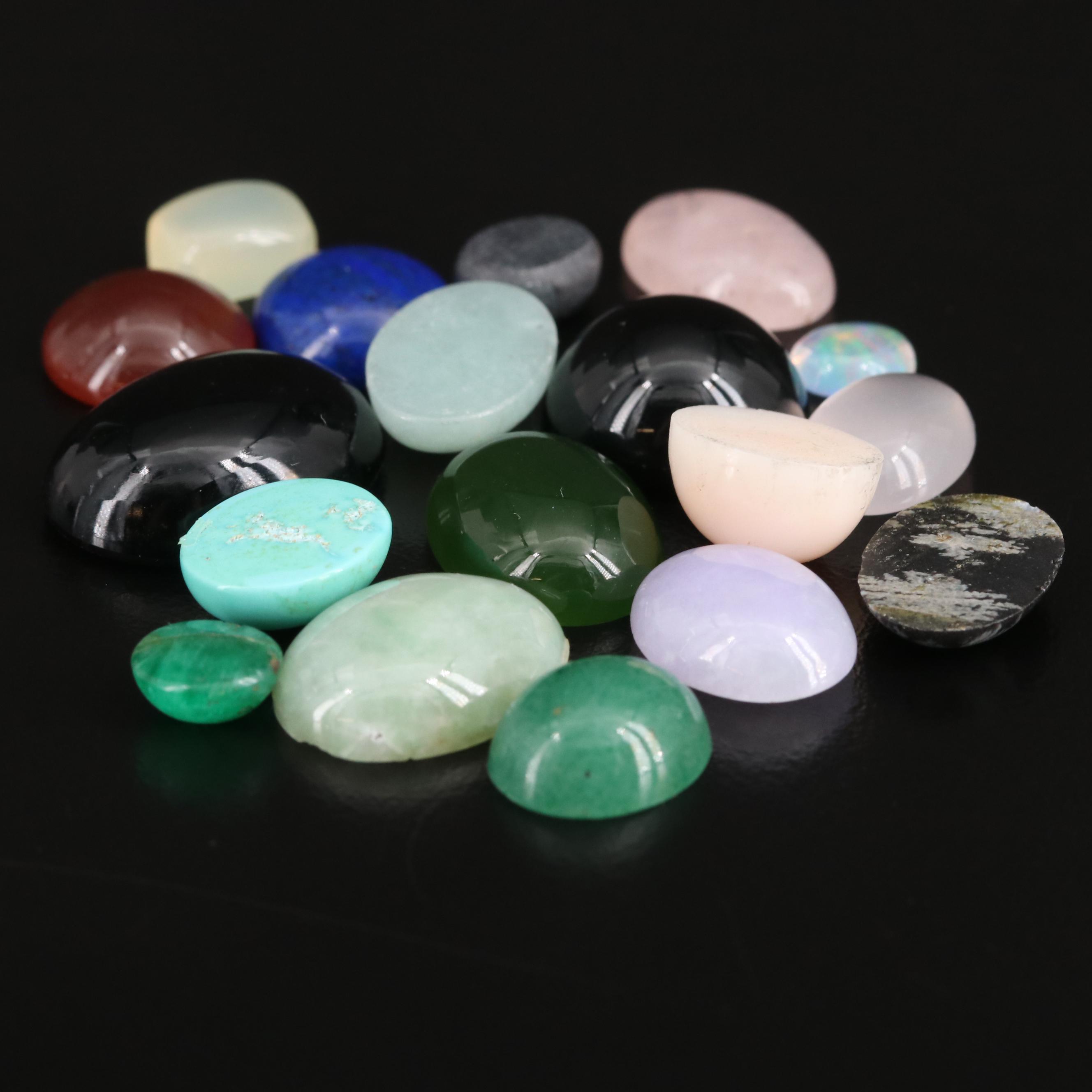 Loose Mixed Cabochon Including Rose Quartz, Aventurine and Snowflake Obsidian