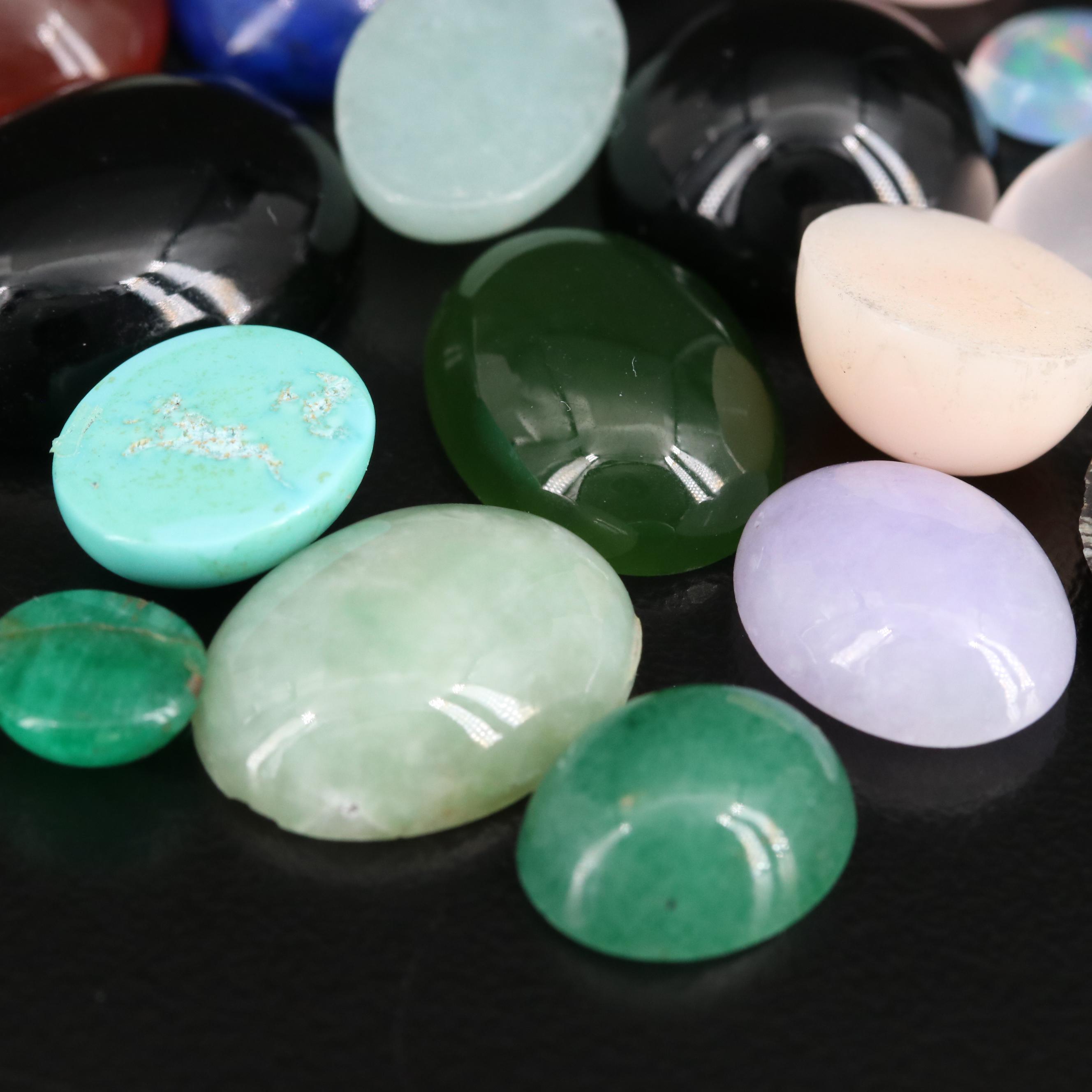 Loose Mixed Cabochon Including Rose Quartz, Aventurine and Snowflake Obsidian