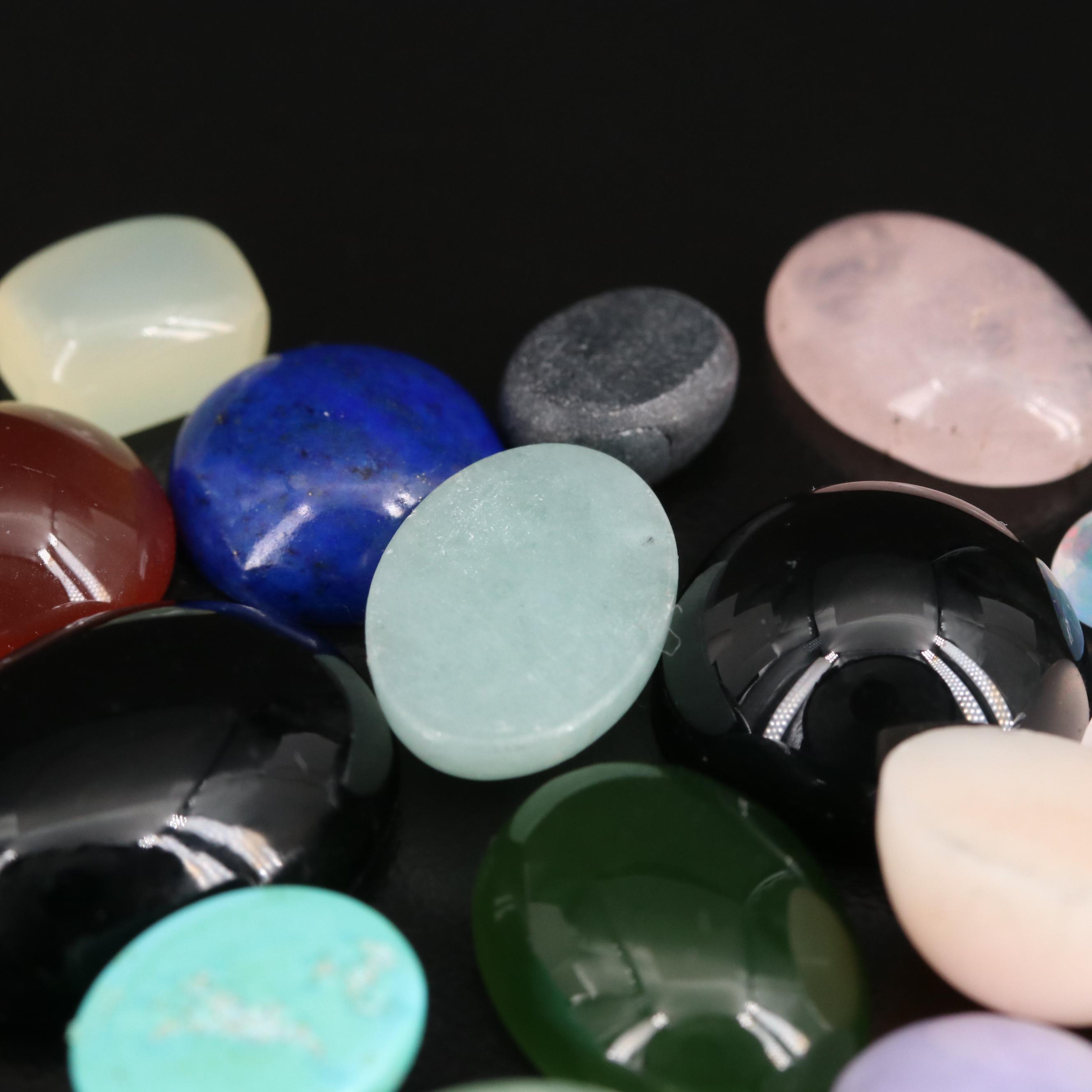 Loose Mixed Cabochon Including Rose Quartz, Aventurine and Snowflake Obsidian