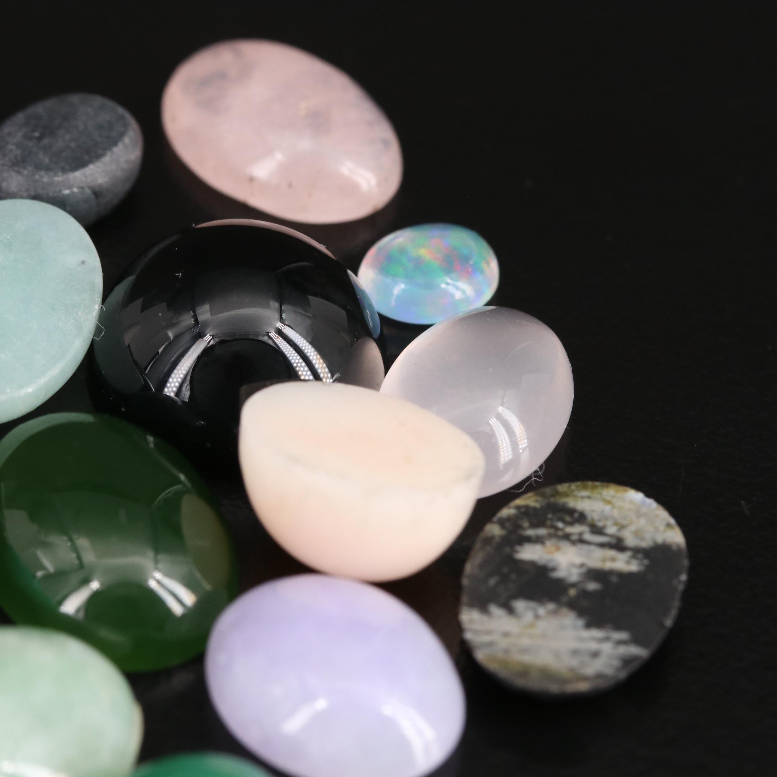 Loose Mixed Cabochon Including Rose Quartz, Aventurine and Snowflake Obsidian