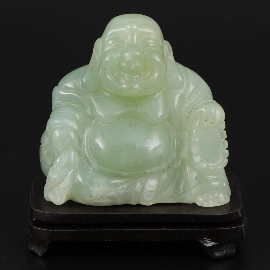 Chinese Style "Happy Buddha" Serpentine Sculpture and Wood Stand