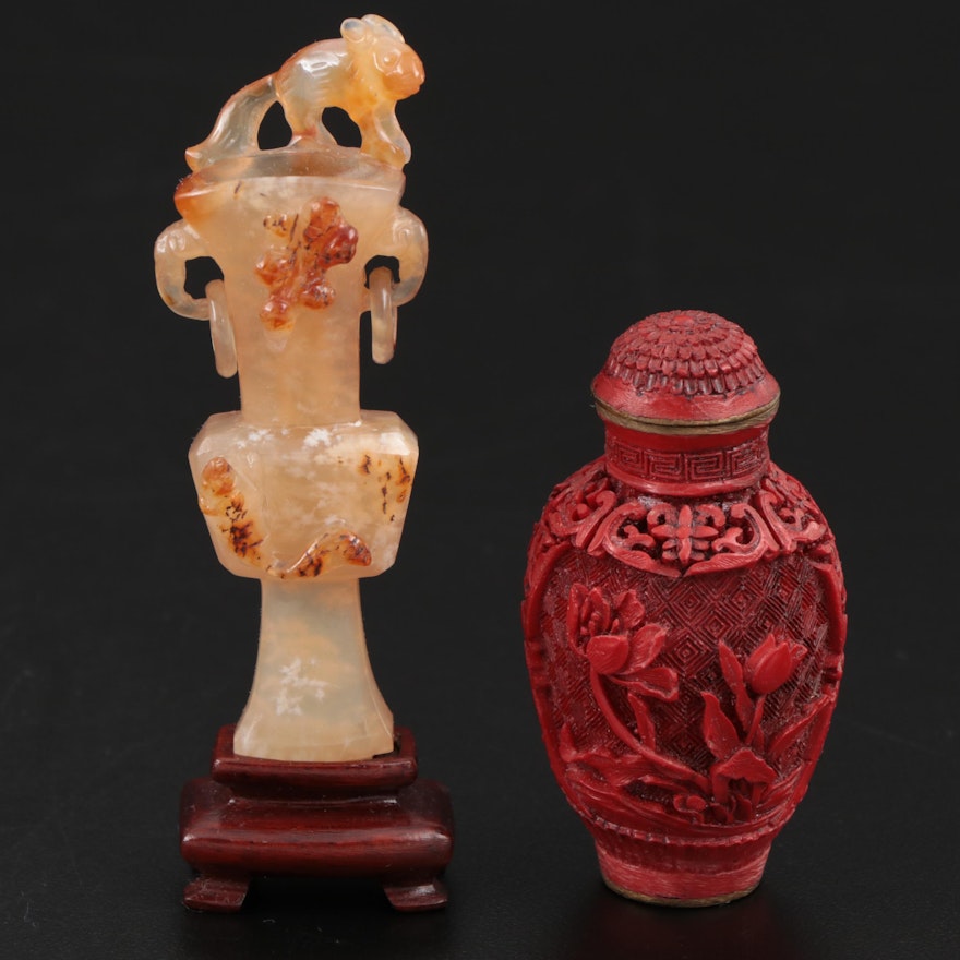 Chinese Molded Resin Snuff Bottle and Hand Carved Agate Miniature Vase, Vintage