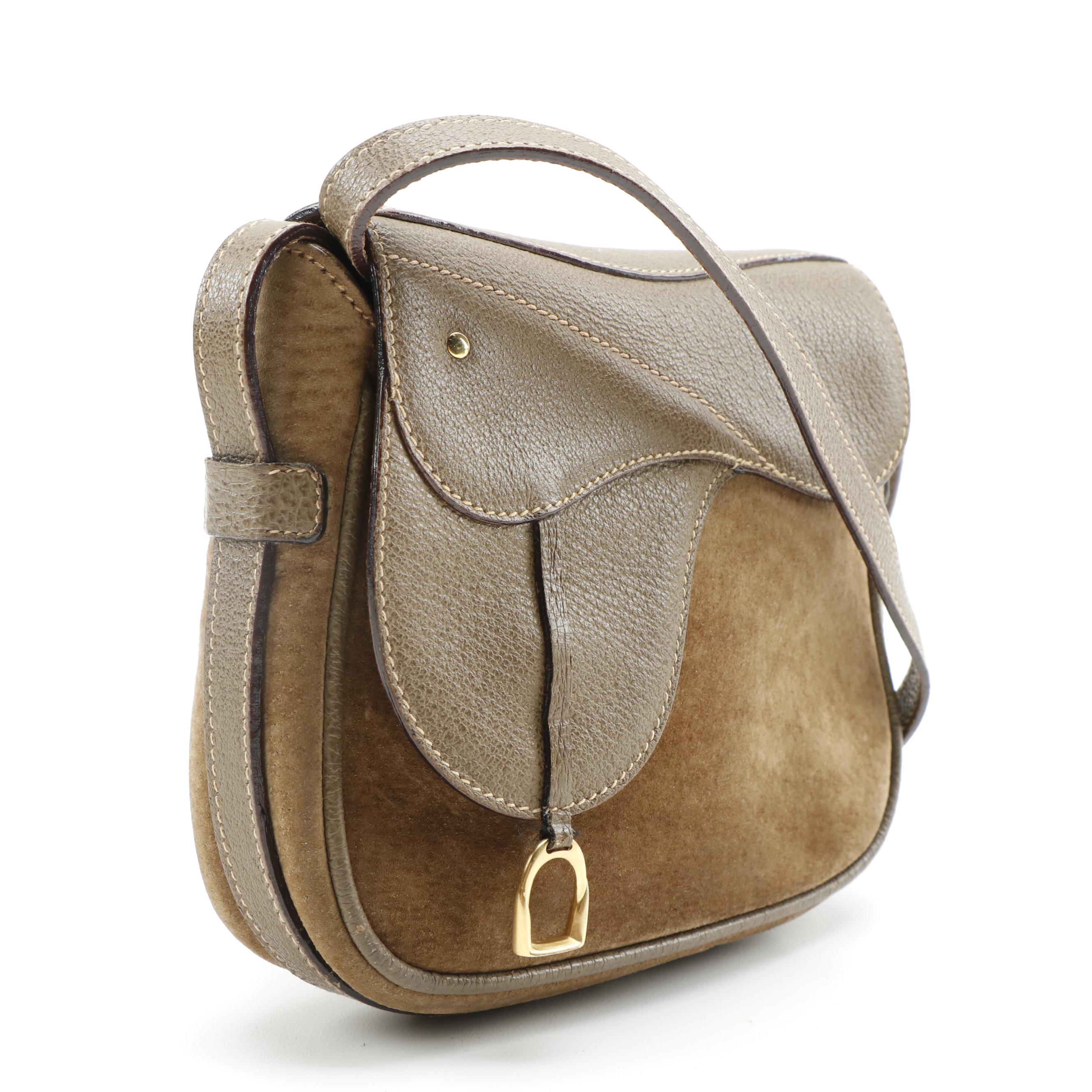 Gucci Two-Way Brown Suede and Leather Kelly Saddle Bag with Contrast Stitching