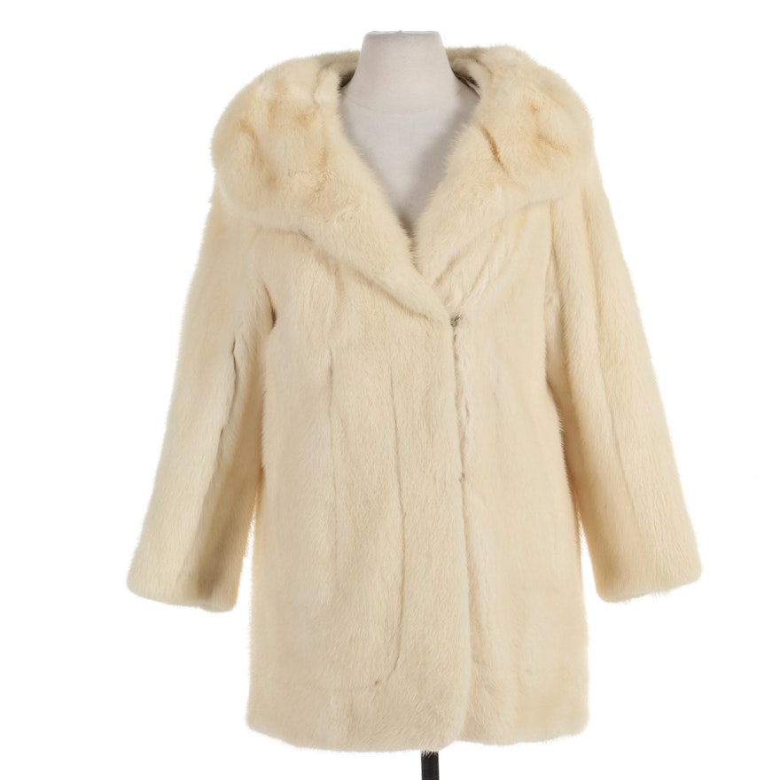White Mink Fur Stroller Coat with Shawl Collar and Embroidered Lining