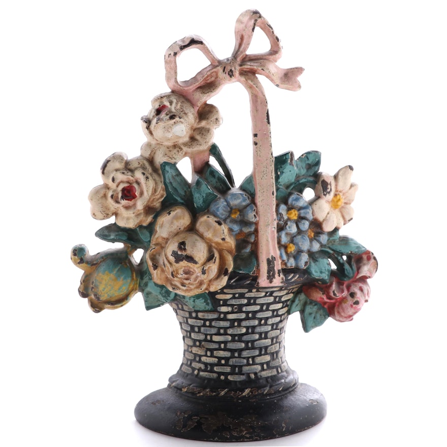 Cast Iron and Enamel Flower Bouquet in Basket Doorstop, Early to Mid-20th C.