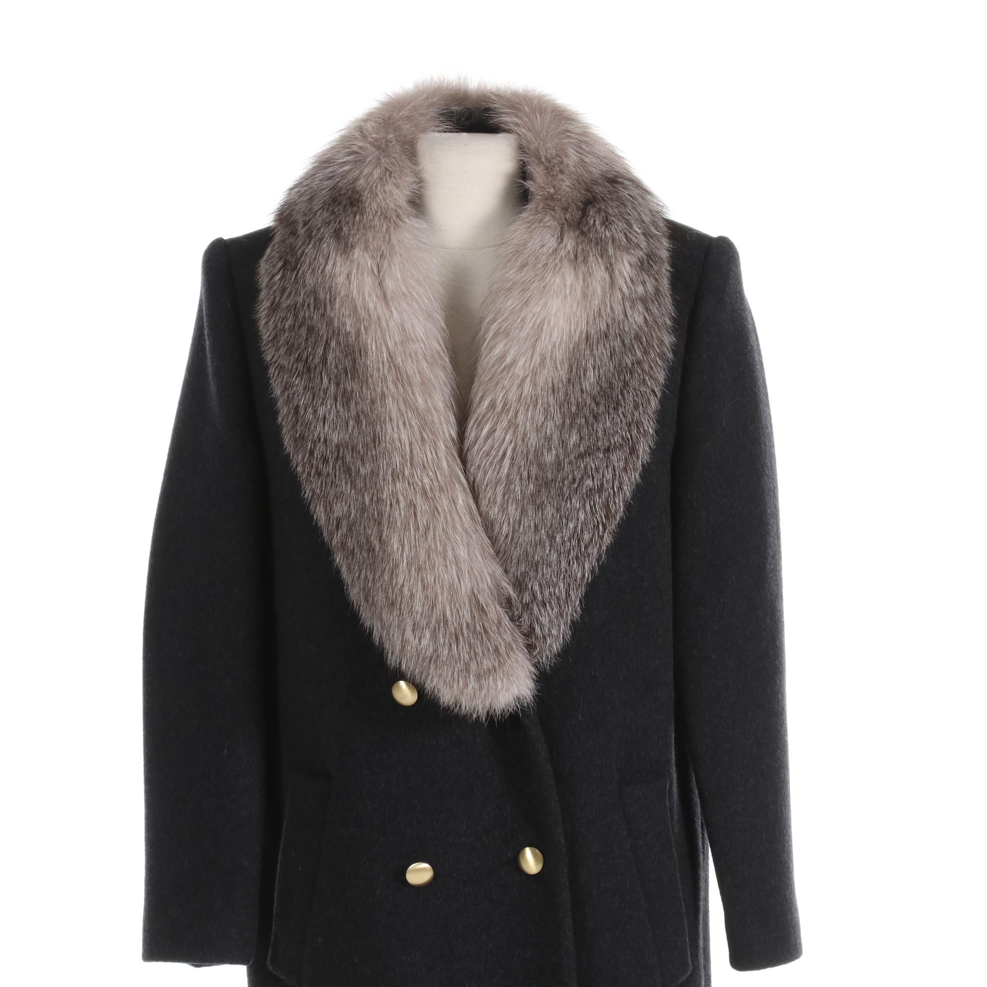 J.G. Hook Black Wool Double-Breasted Coat with Fox Fur Collar
