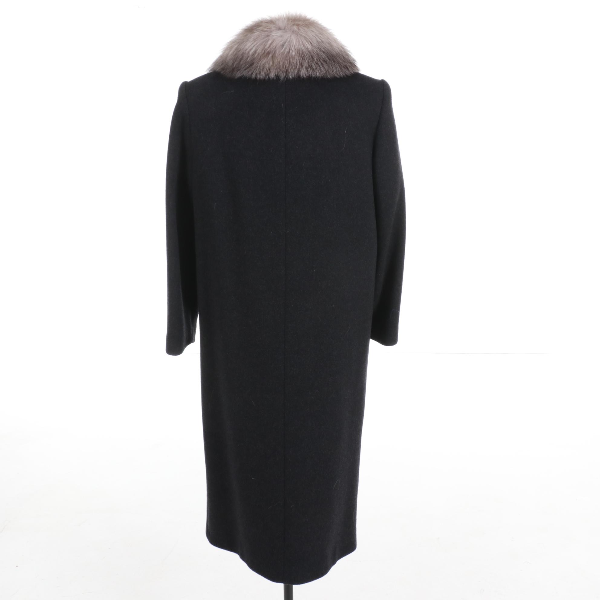 J.G. Hook Black Wool Double-Breasted Coat with Fox Fur Collar