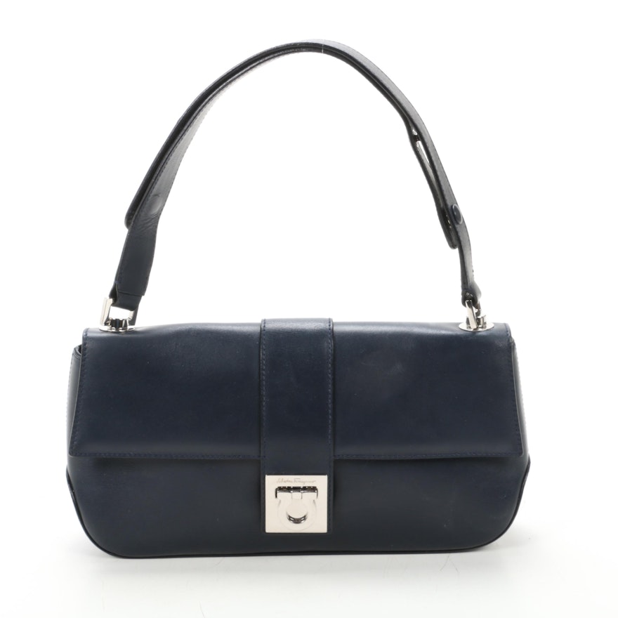 Salvatore Ferragamo Gancini Flap Front Shoulder Bag in Navy Leather