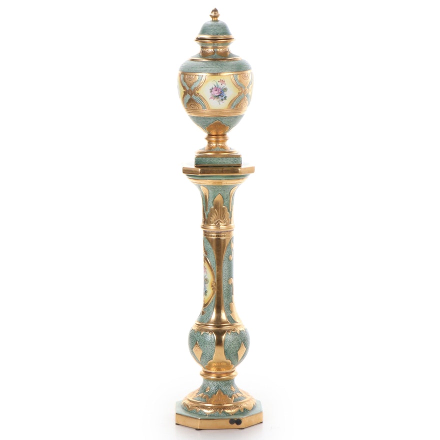 MTC Italian Hand-Painted Ceramic Urn and Pedestal