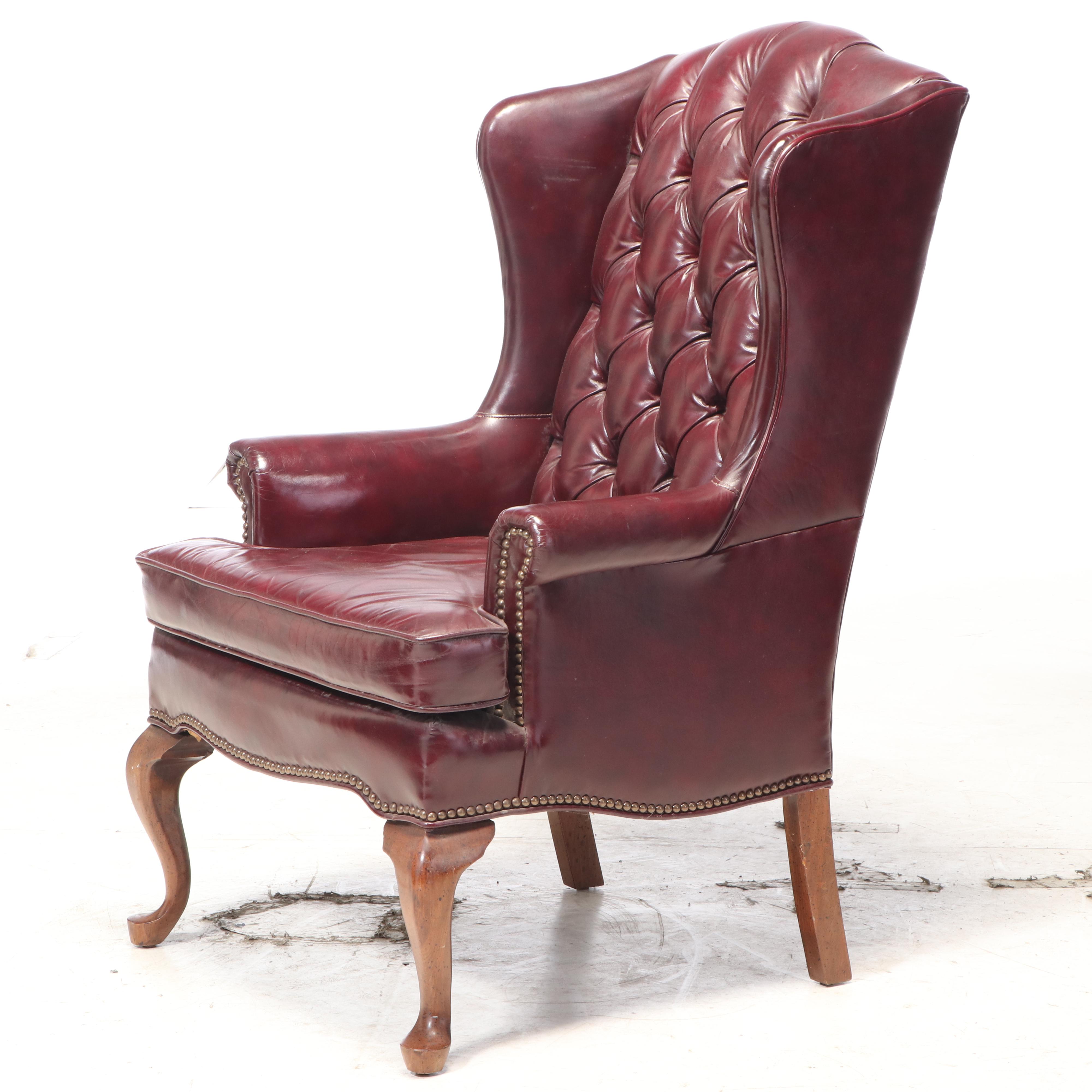 Fairfield Queen Anne Style Tufted Leather Wingback Chair and Ottoman