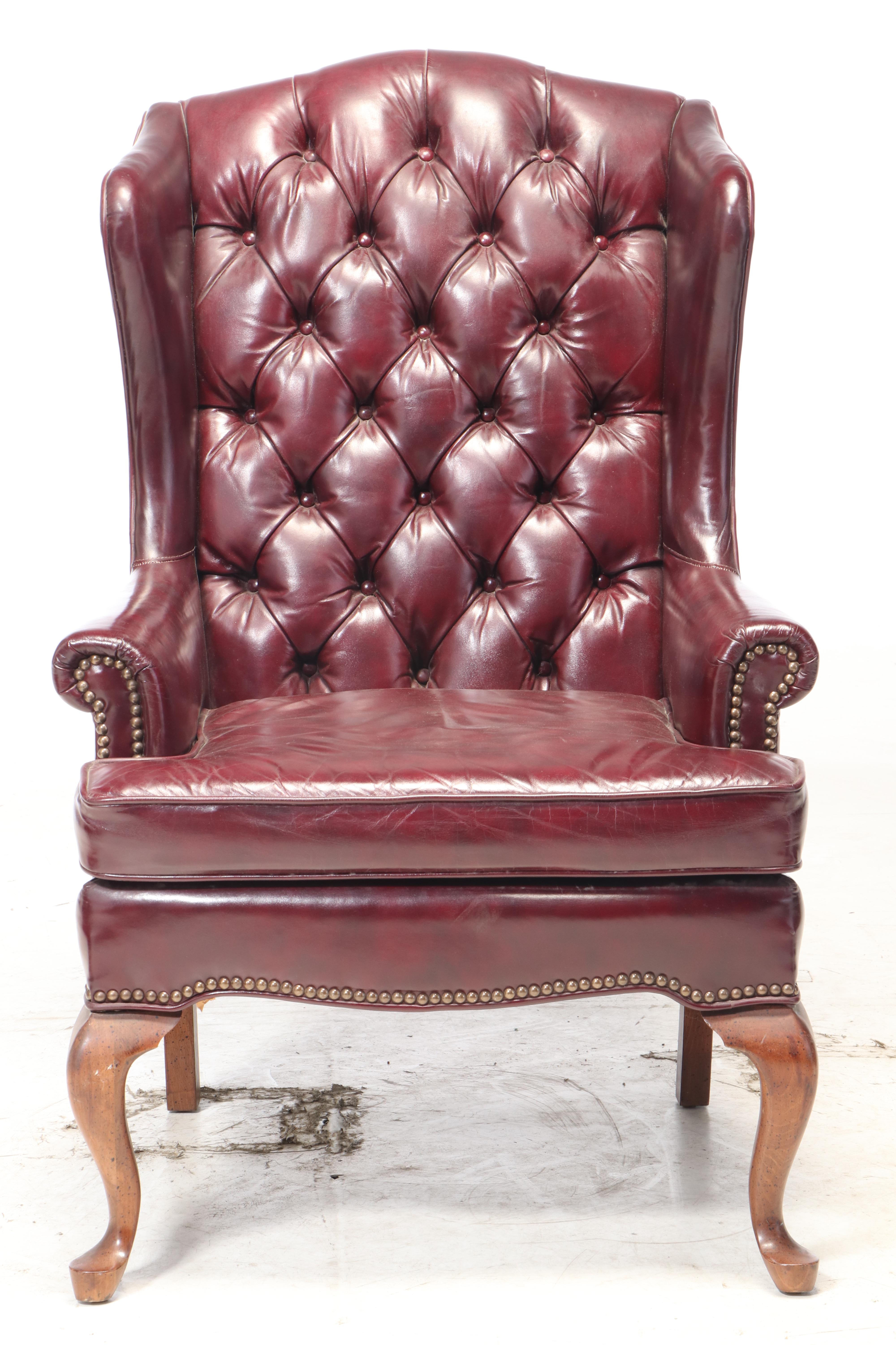 Fairfield Queen Anne Style Tufted Leather Wingback Chair and Ottoman