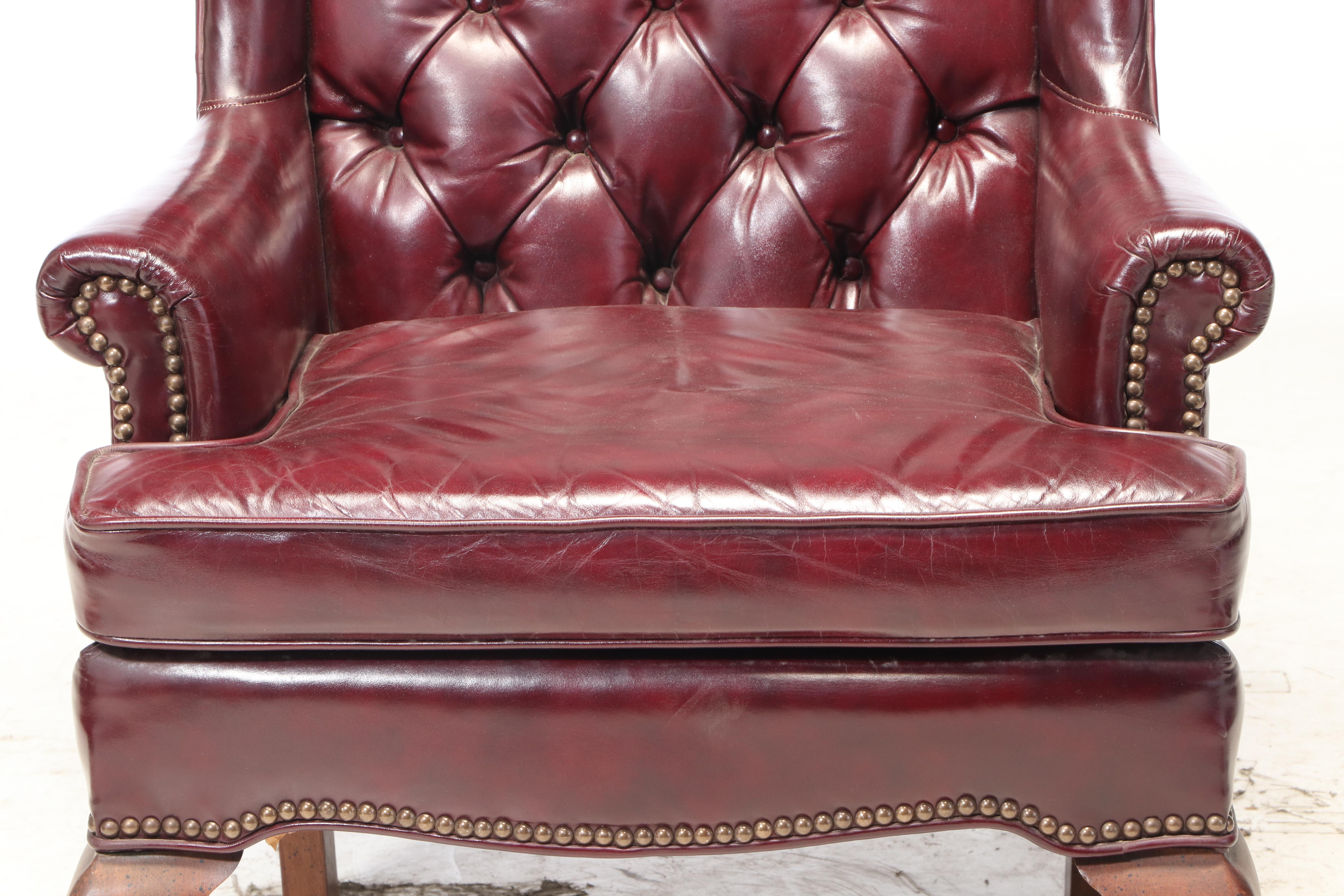 Fairfield Queen Anne Style Tufted Leather Wingback Chair and Ottoman