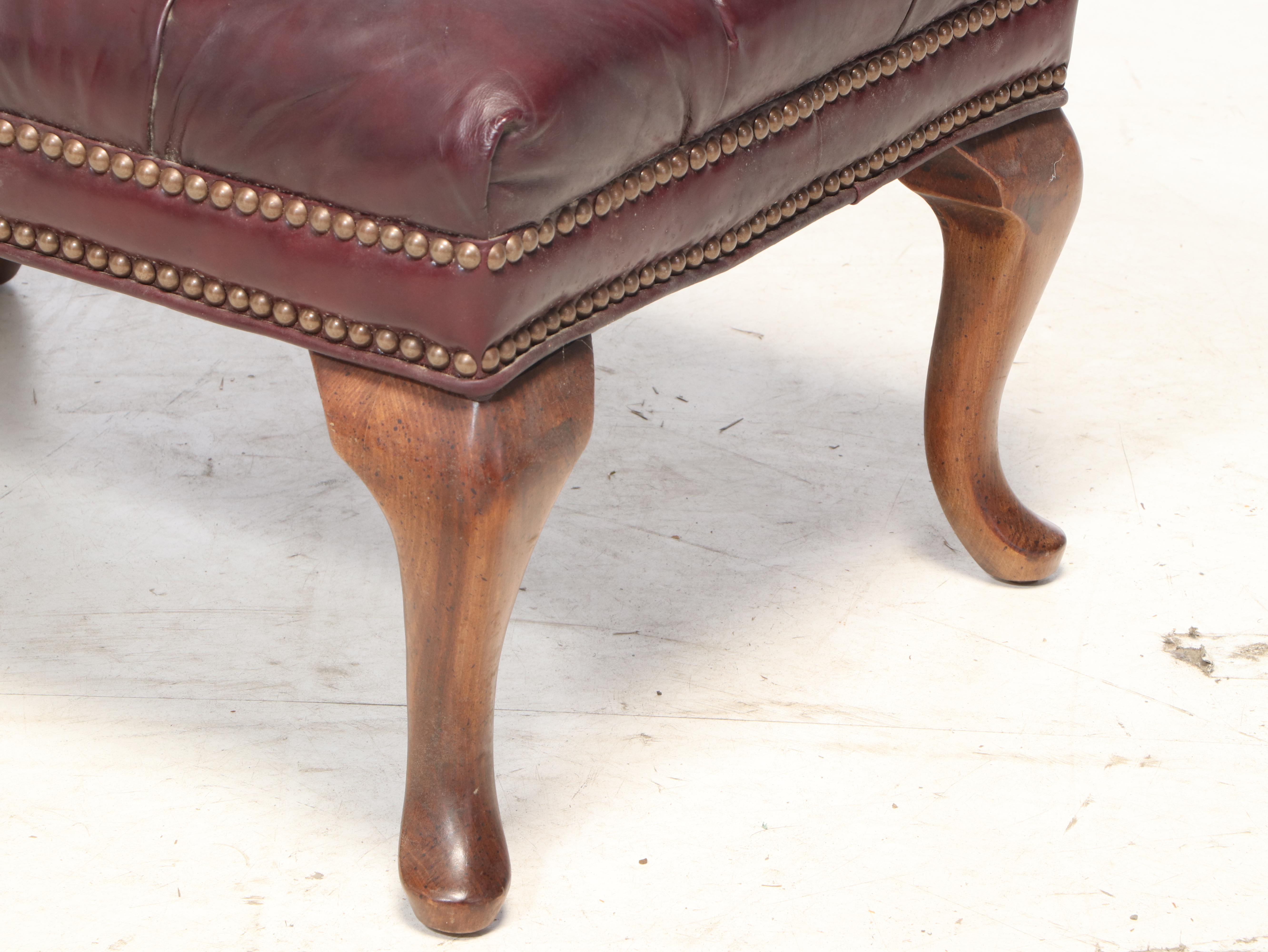 Fairfield Queen Anne Style Tufted Leather Wingback Chair and Ottoman