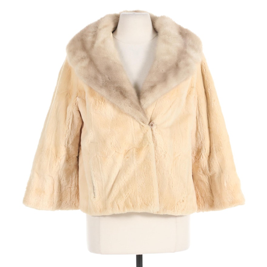 Bleached and Sheared Beaver Fur Cropped Jacket with Mink Fur Collar