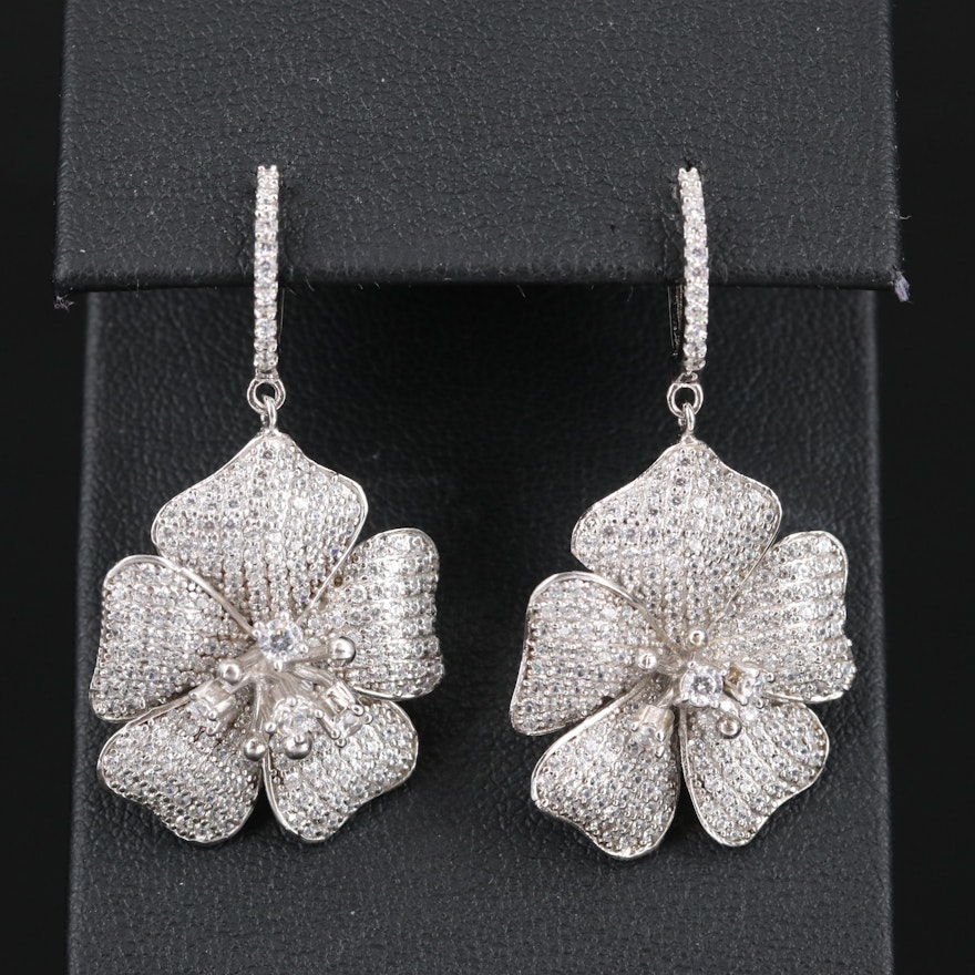 Sterling Silver Cubic Zirconia Flower Dangle Earrings