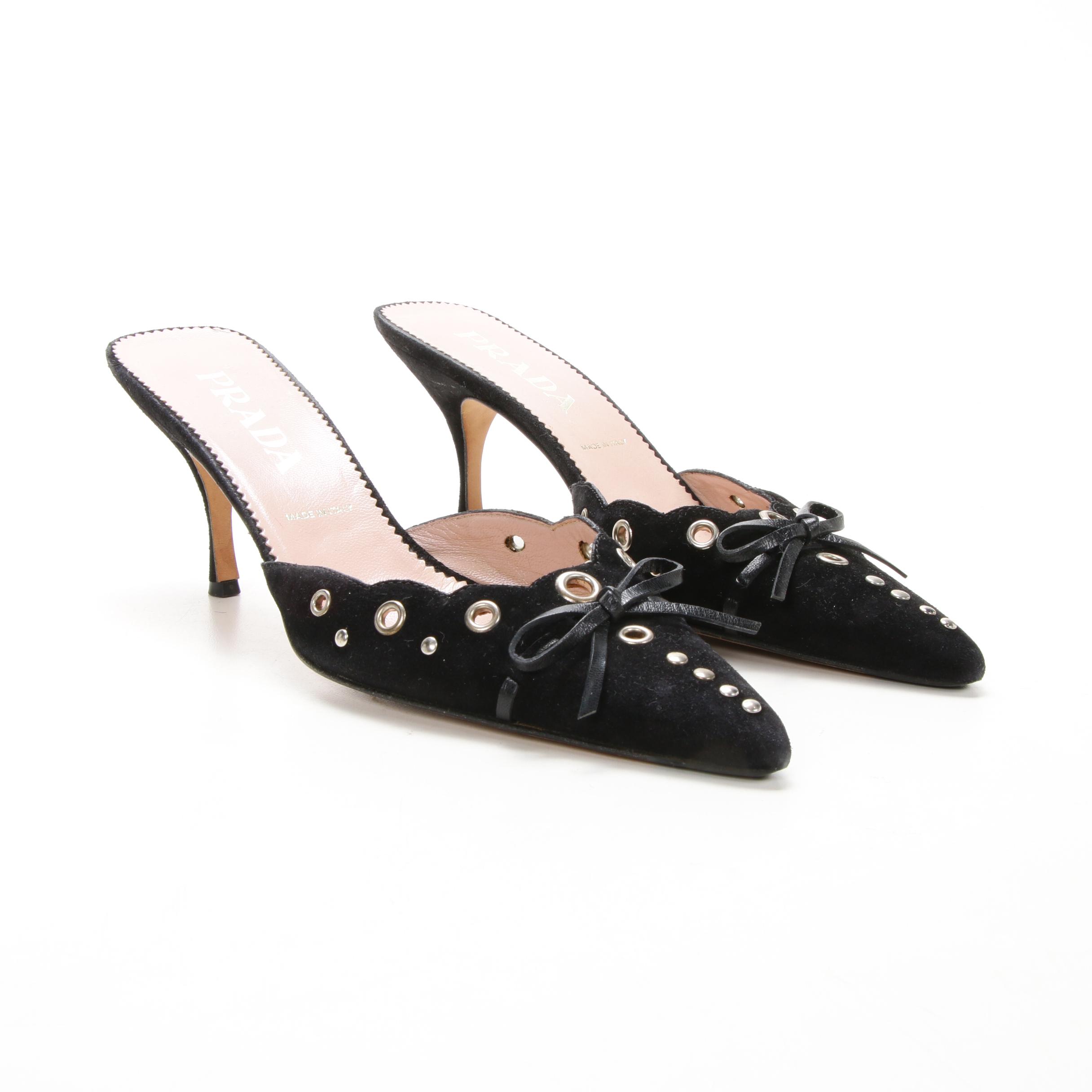 Prada Black Suede Grommet Mules with Leather Bow