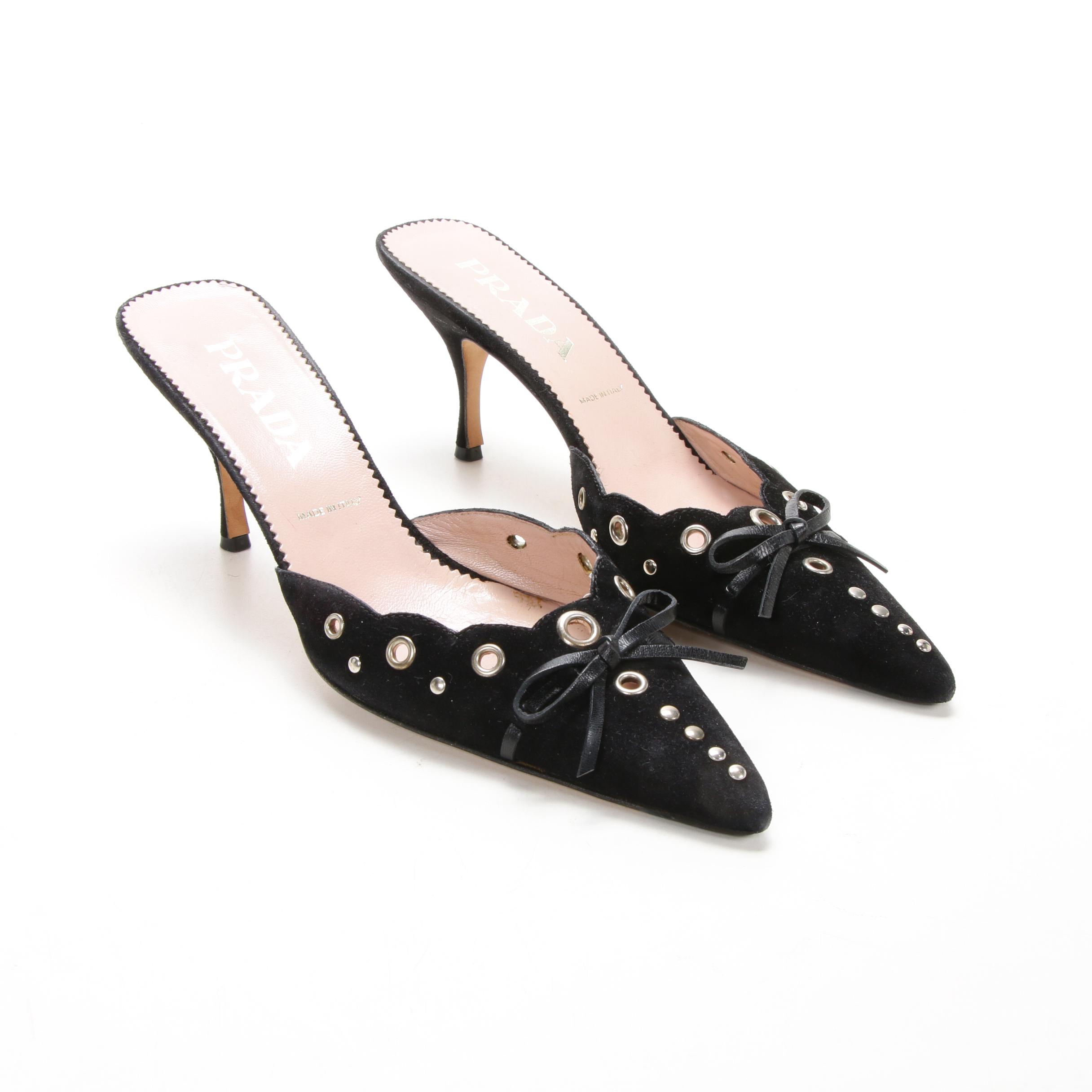 Prada Black Suede Grommet Mules with Leather Bow