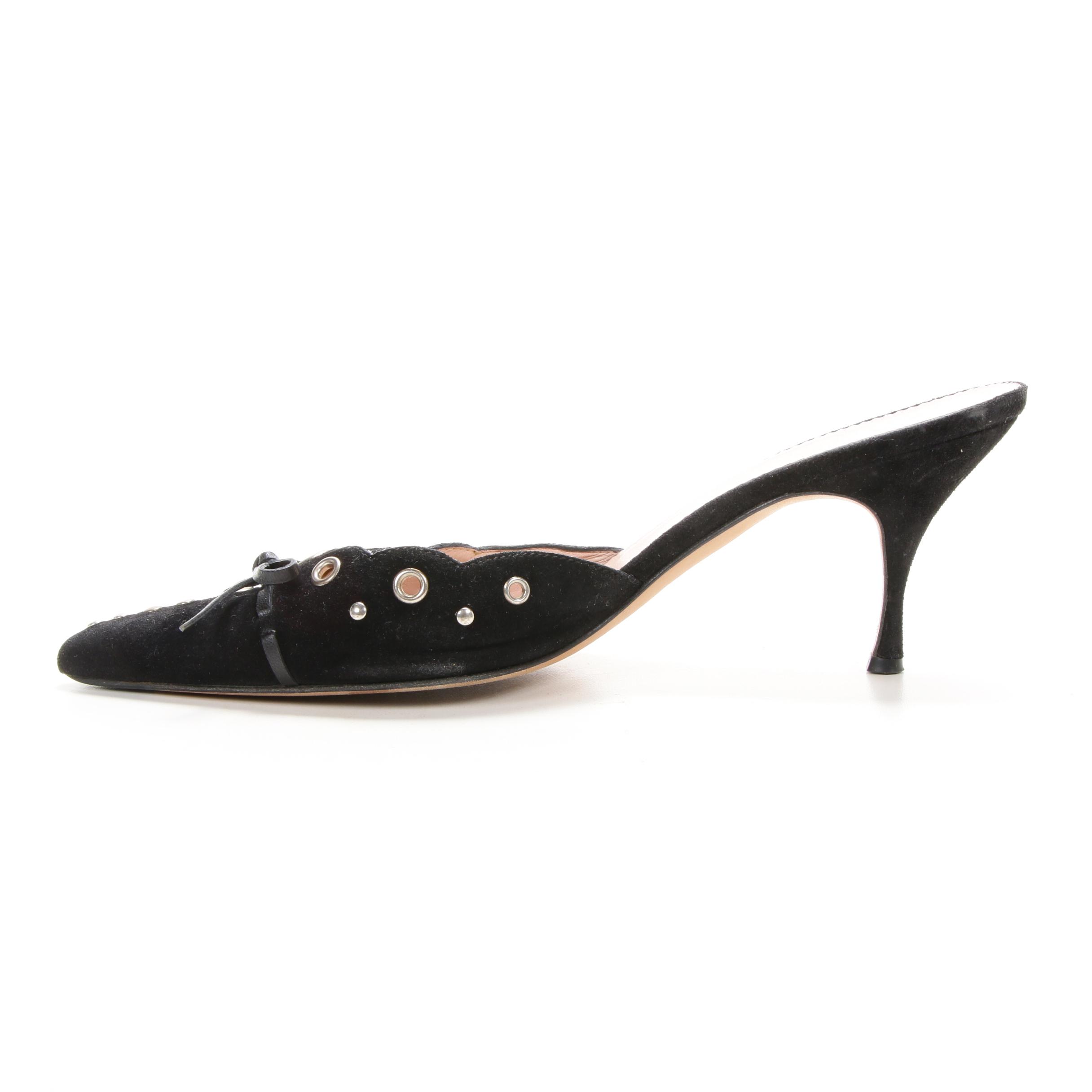 Prada Black Suede Grommet Mules with Leather Bow