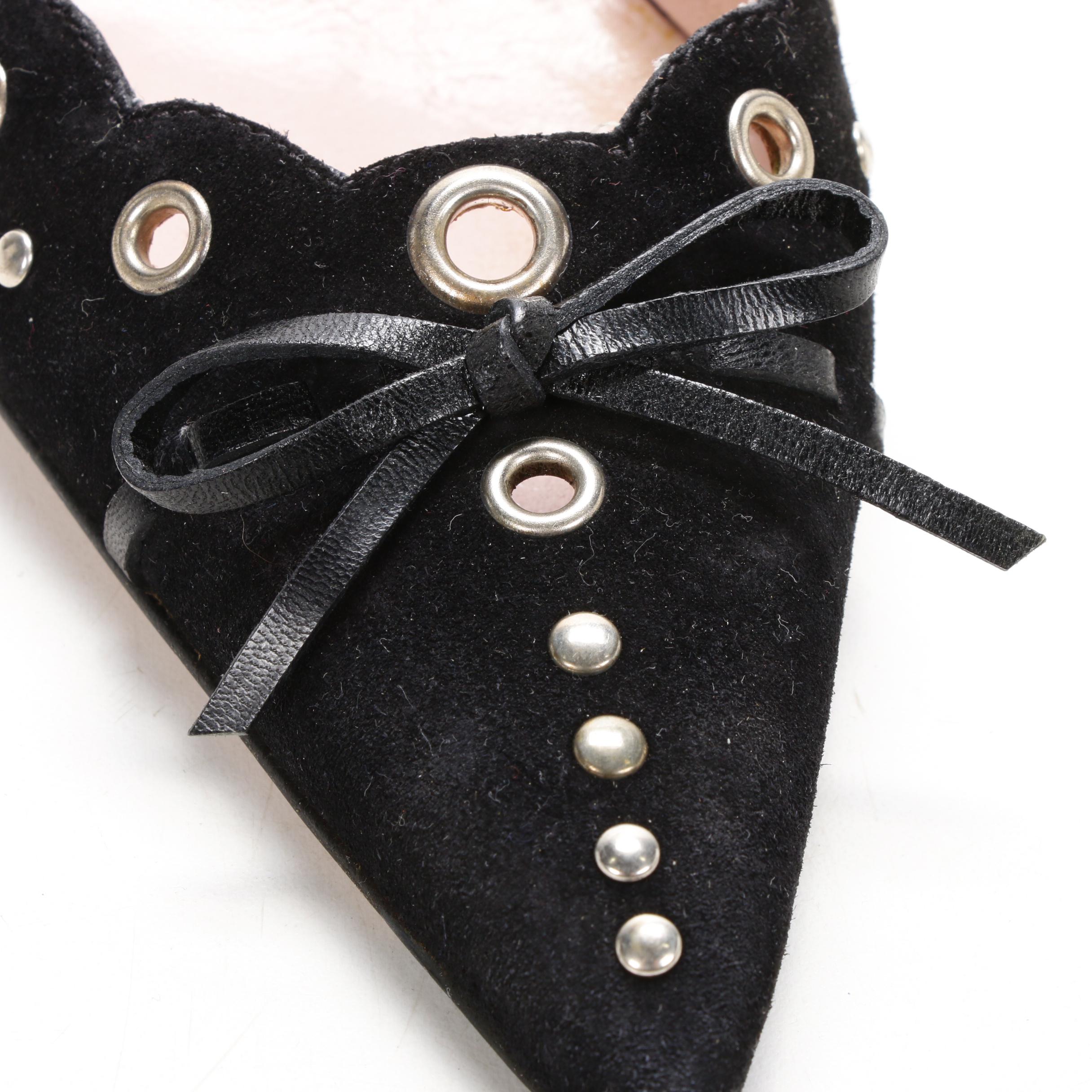 Prada Black Suede Grommet Mules with Leather Bow