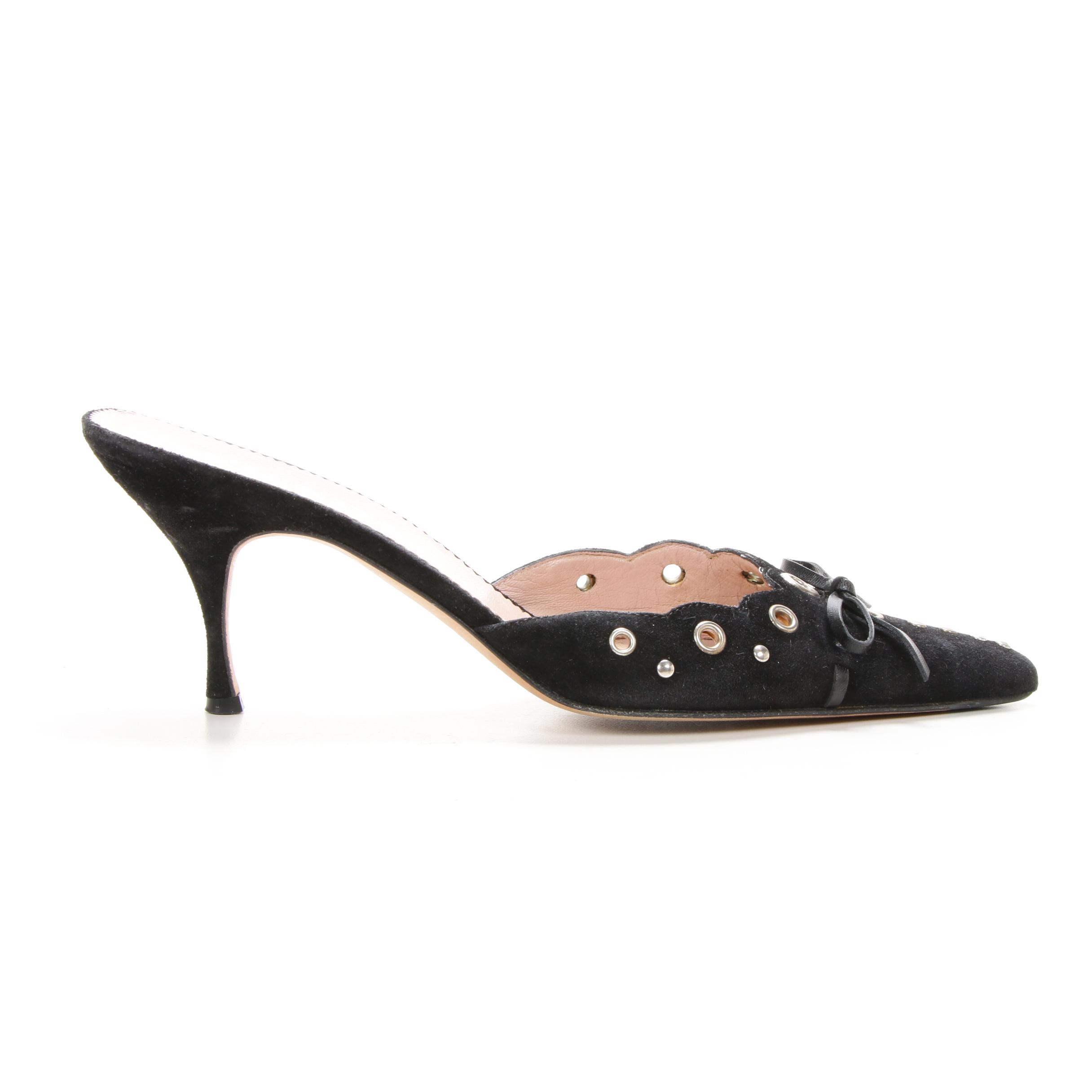 Prada Black Suede Grommet Mules with Leather Bow