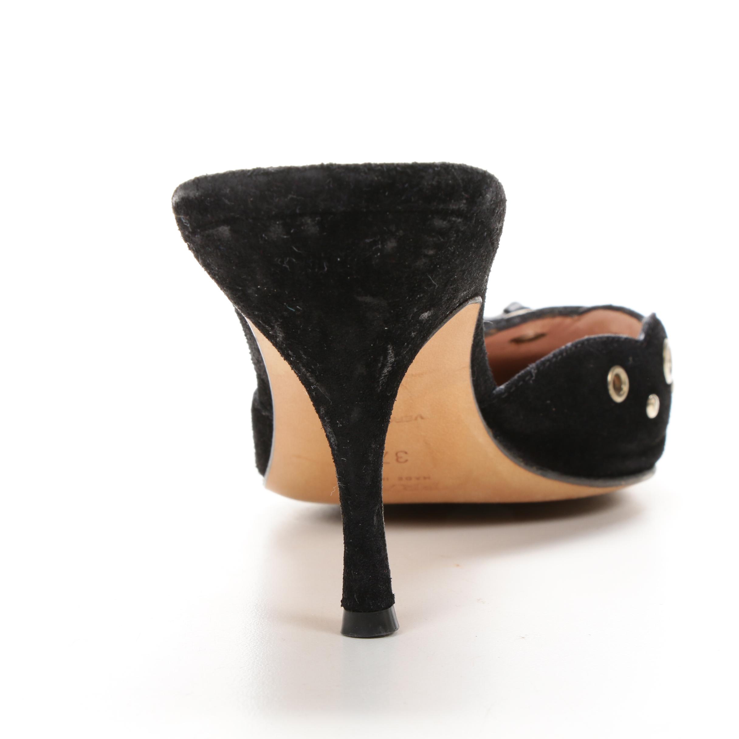 Prada Black Suede Grommet Mules with Leather Bow