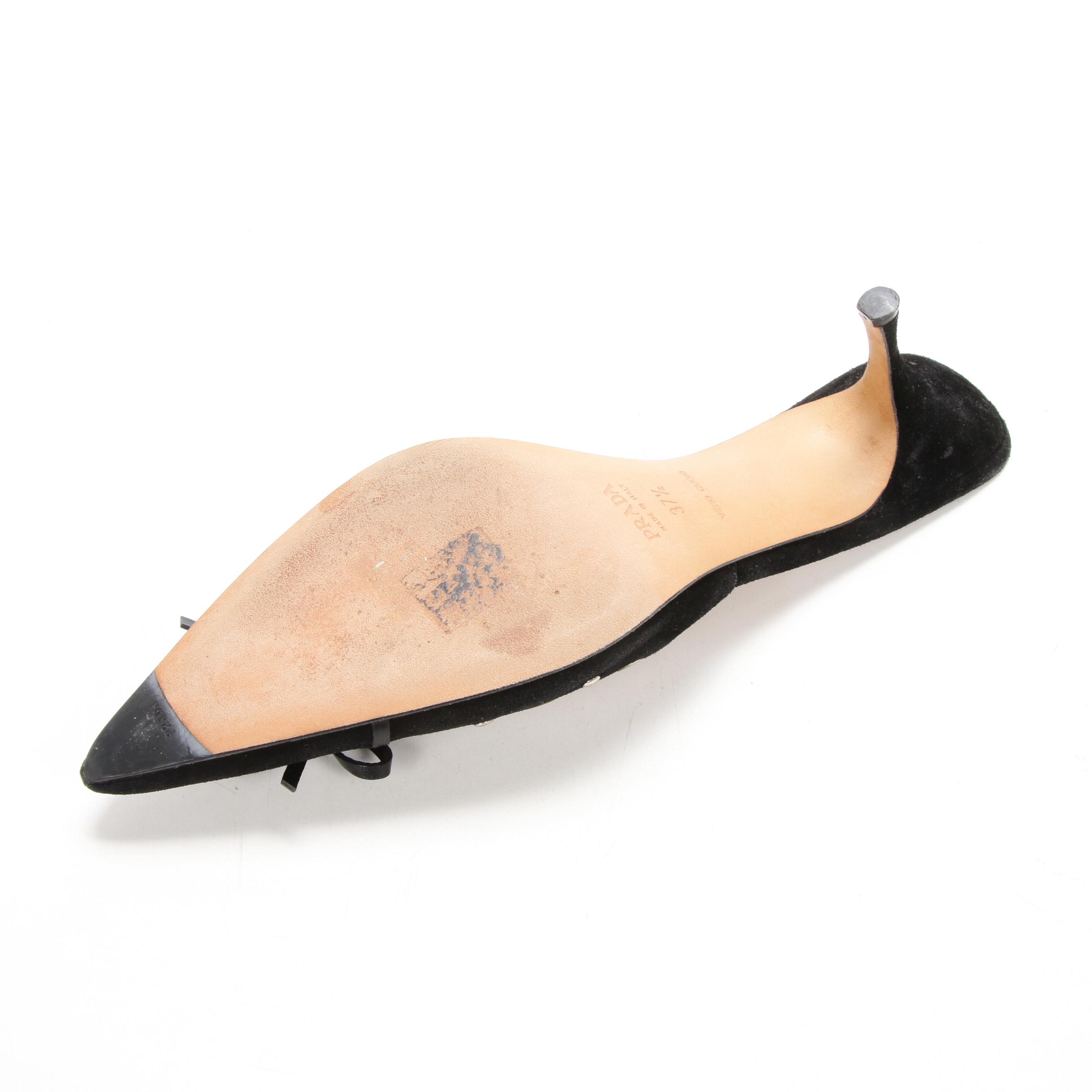 Prada Black Suede Grommet Mules with Leather Bow