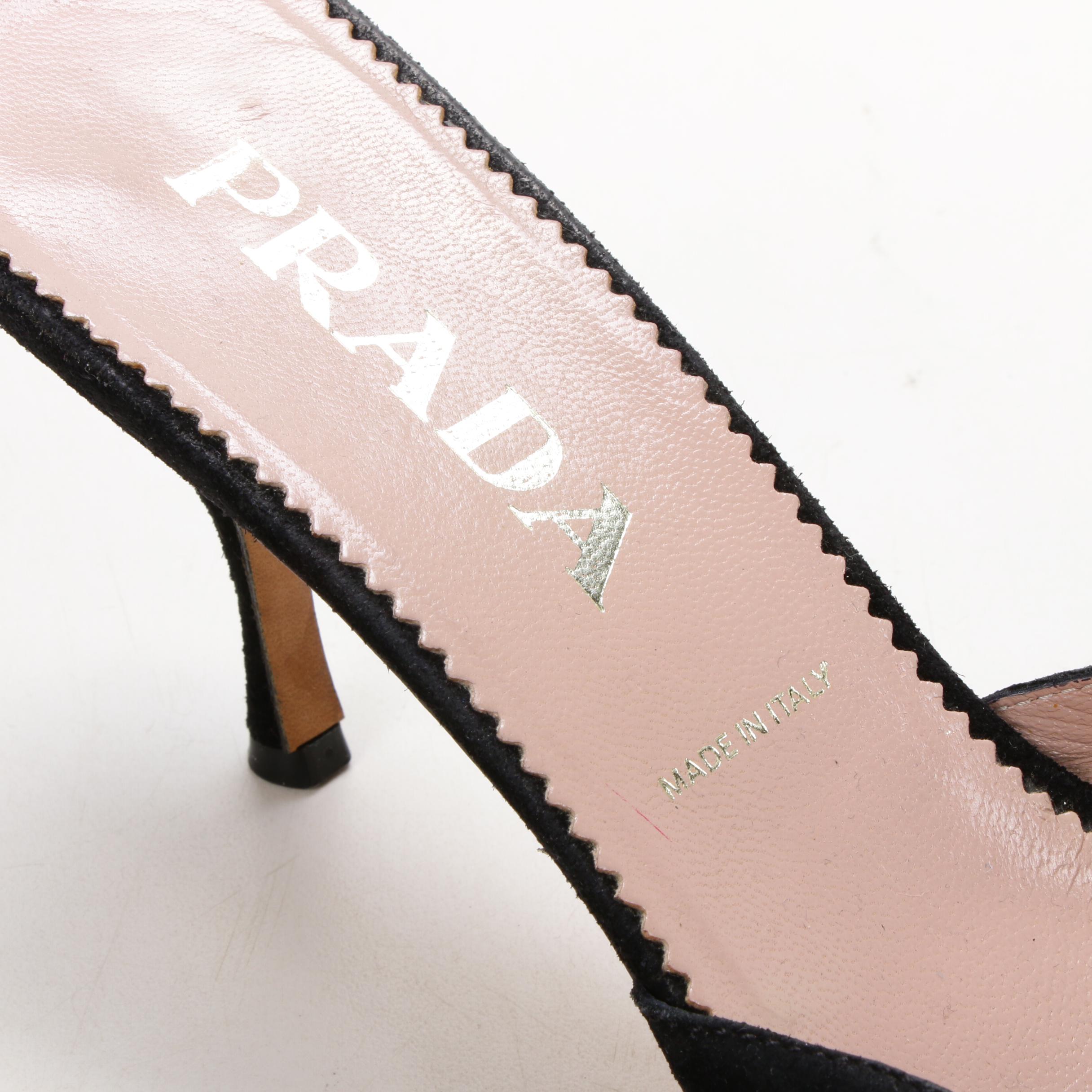 Prada Black Suede Grommet Mules with Leather Bow