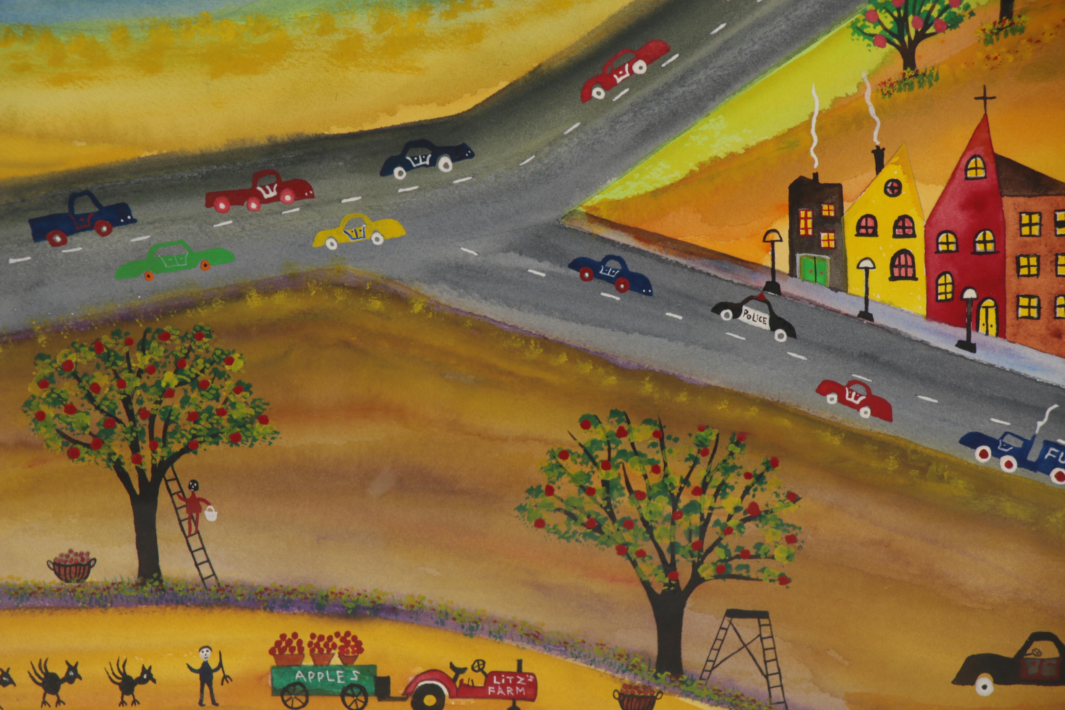 James C. Litz Folk Art Watercolor Painting "The Old Town Neighborhood," 1986