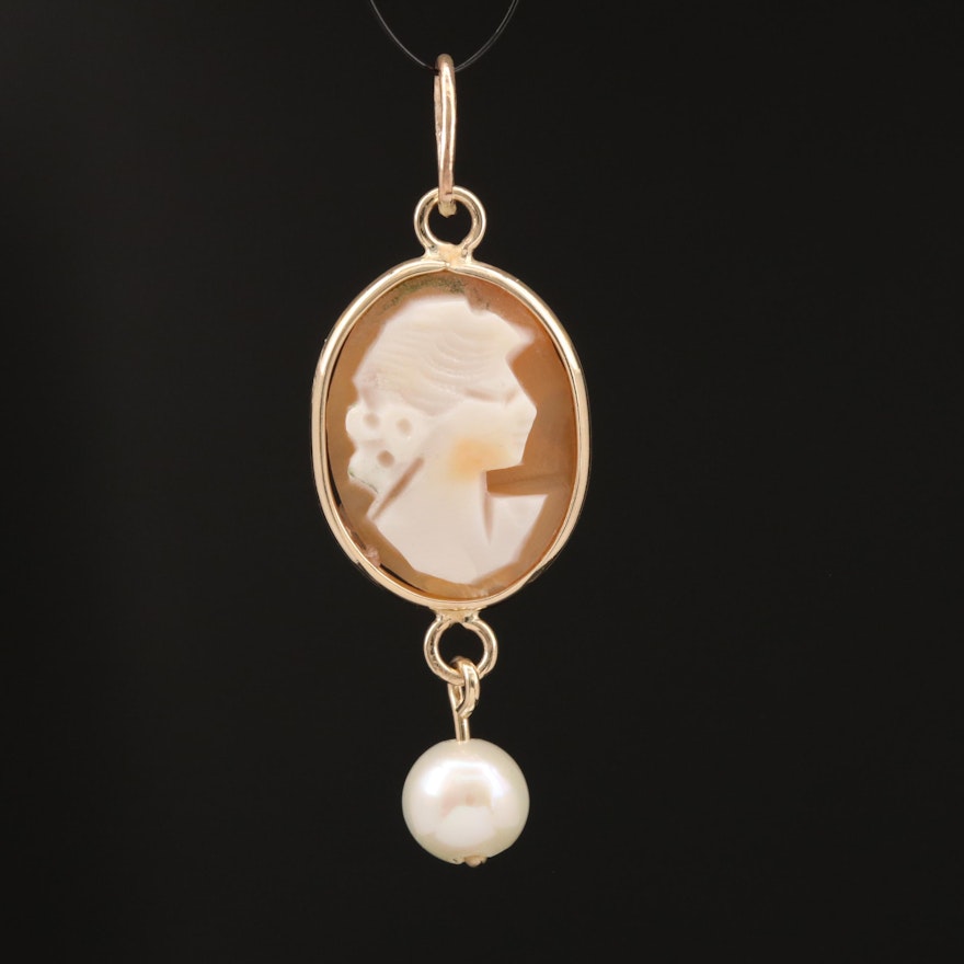 14K Carved Helmet Shell Cameo and Pearl Pendant