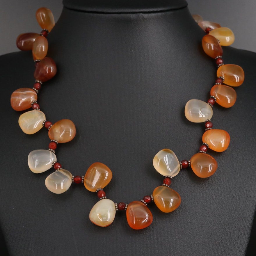 Sterling Silver Agate and Carnelian Bead Necklace