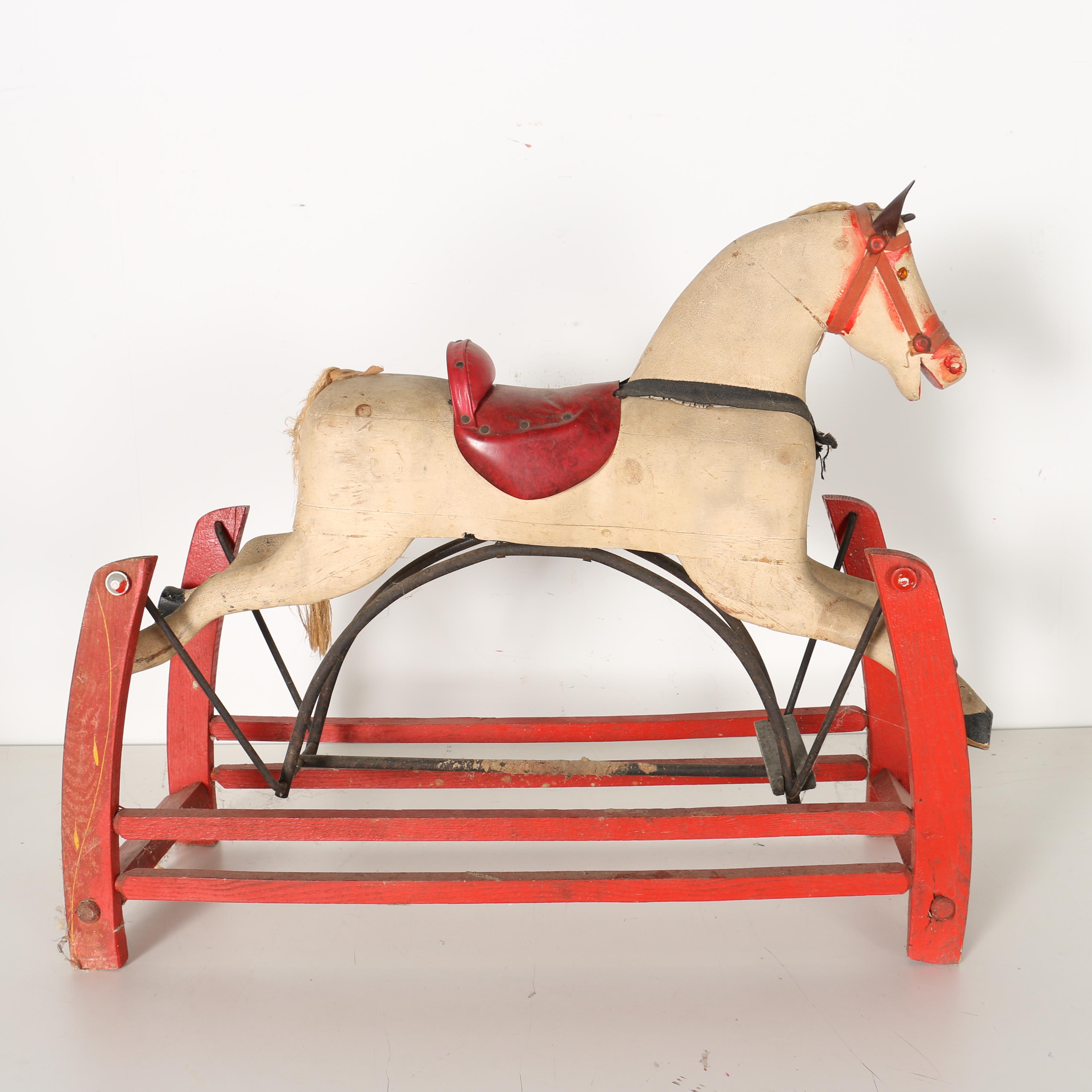 Victorian Wooden Rocking Horse in Period Paint, Late 19th Century