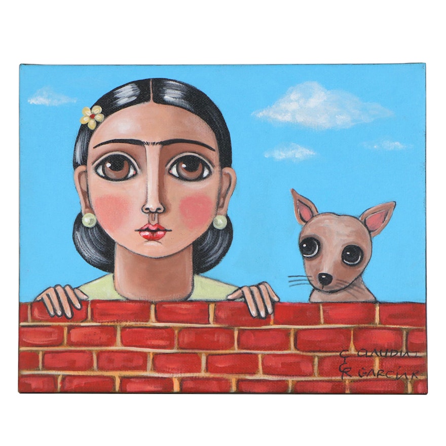 Claudia Garcia Folk Art Acrylic Painting of Woman and Chihuahua