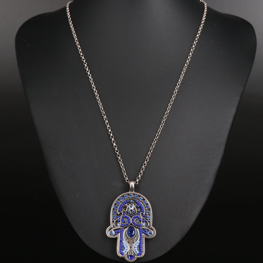 Rhinestone and Glass Hamsa Pendant Necklace