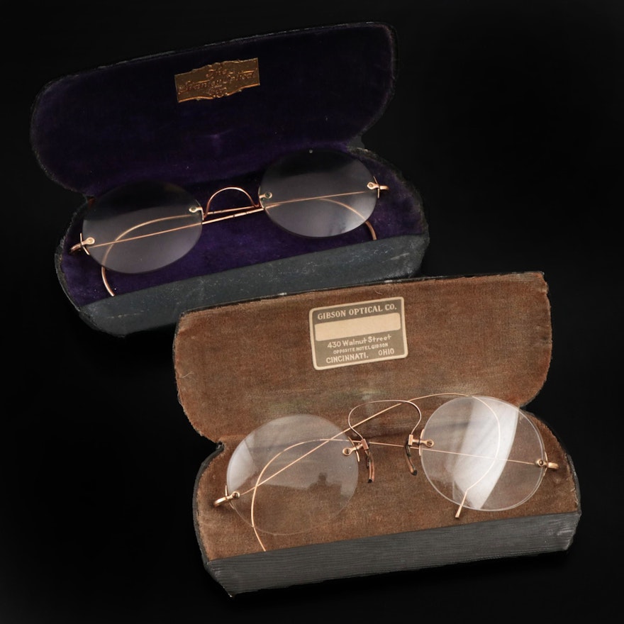 Gold Filled Tinted and Gold Plated Rimless Prescription Spectacles with Cases