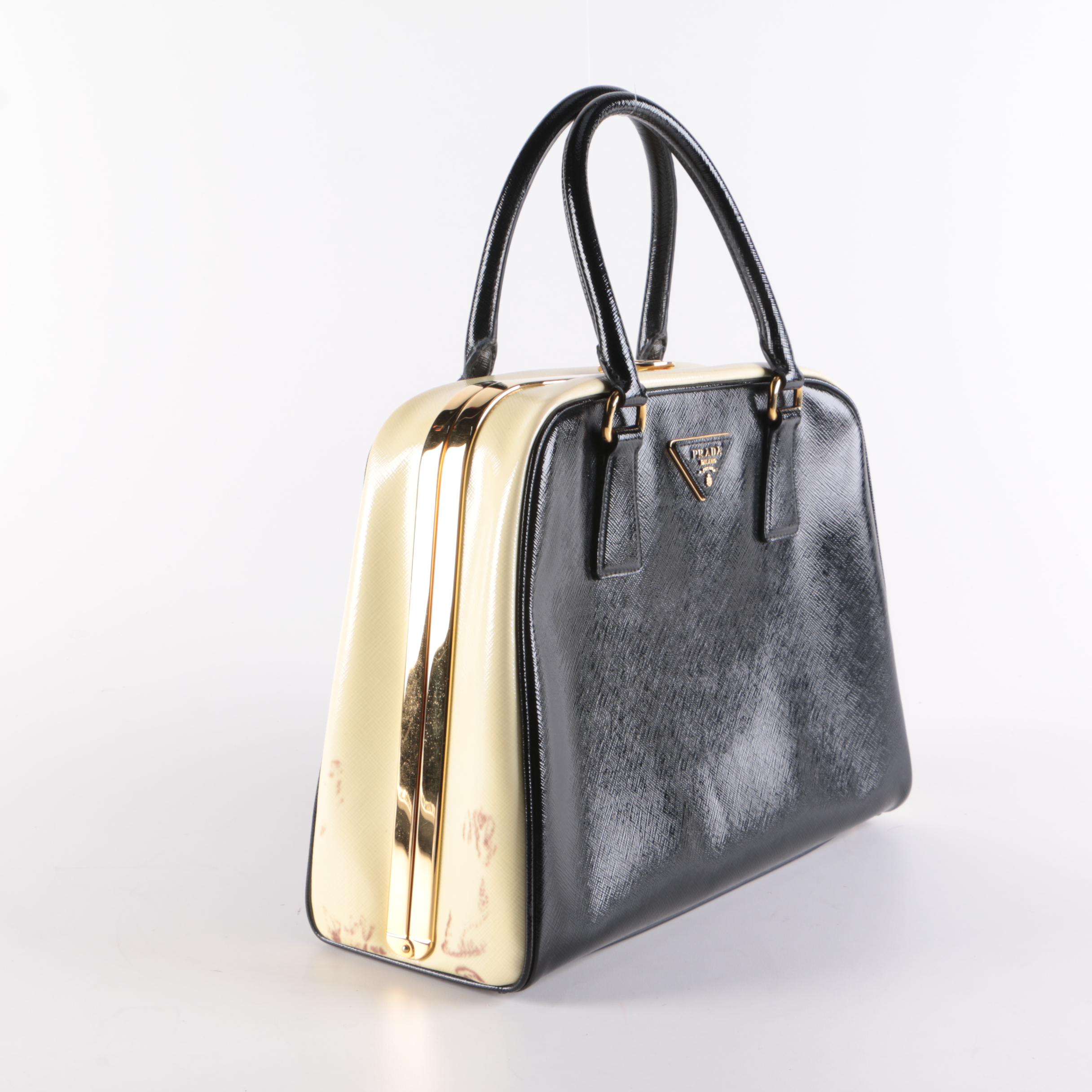 Prada Saffiano Leather Pyramid Frame Top Handle Bag