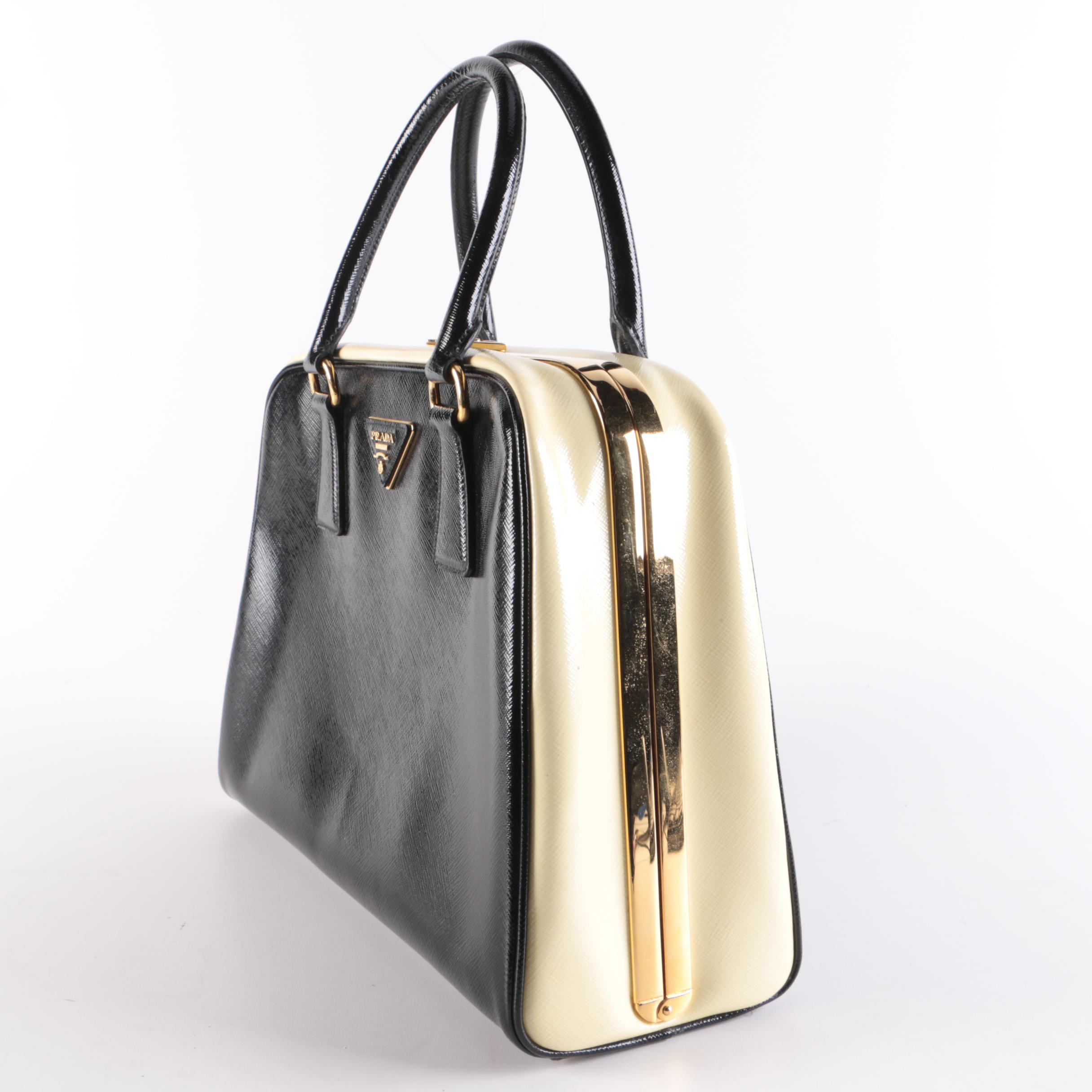Prada Saffiano Leather Pyramid Frame Top Handle Bag