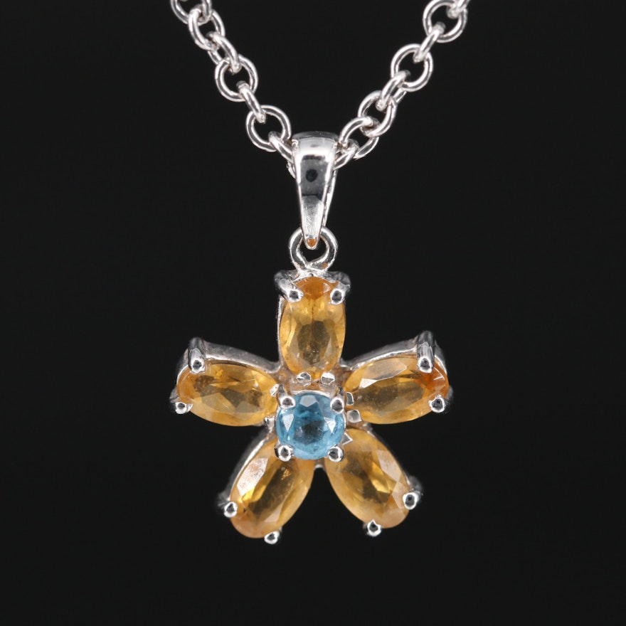 18K Citrine and Topaz Flower Pendant on 14K Cable Chain Necklace