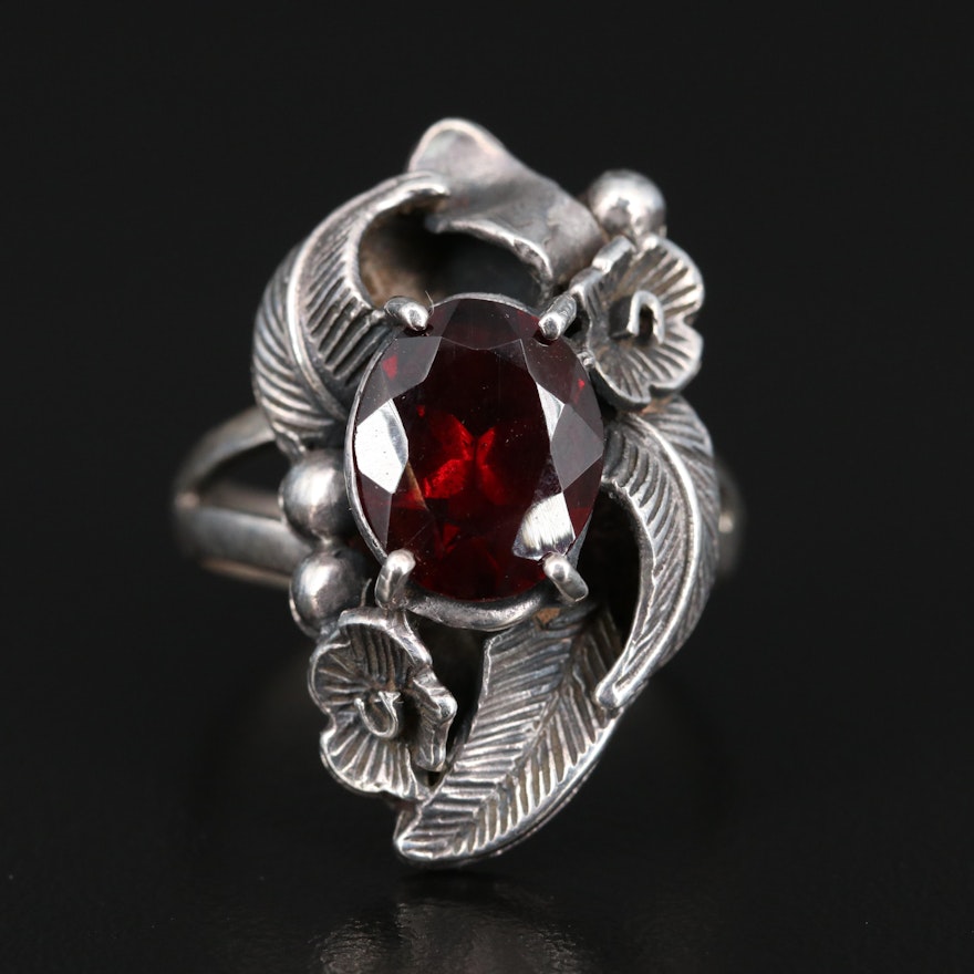 Sterling Silver Garnet Floral Ring