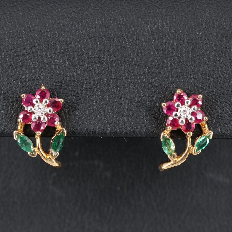 14K Diamond, Ruby and Emerald Flower Earrings