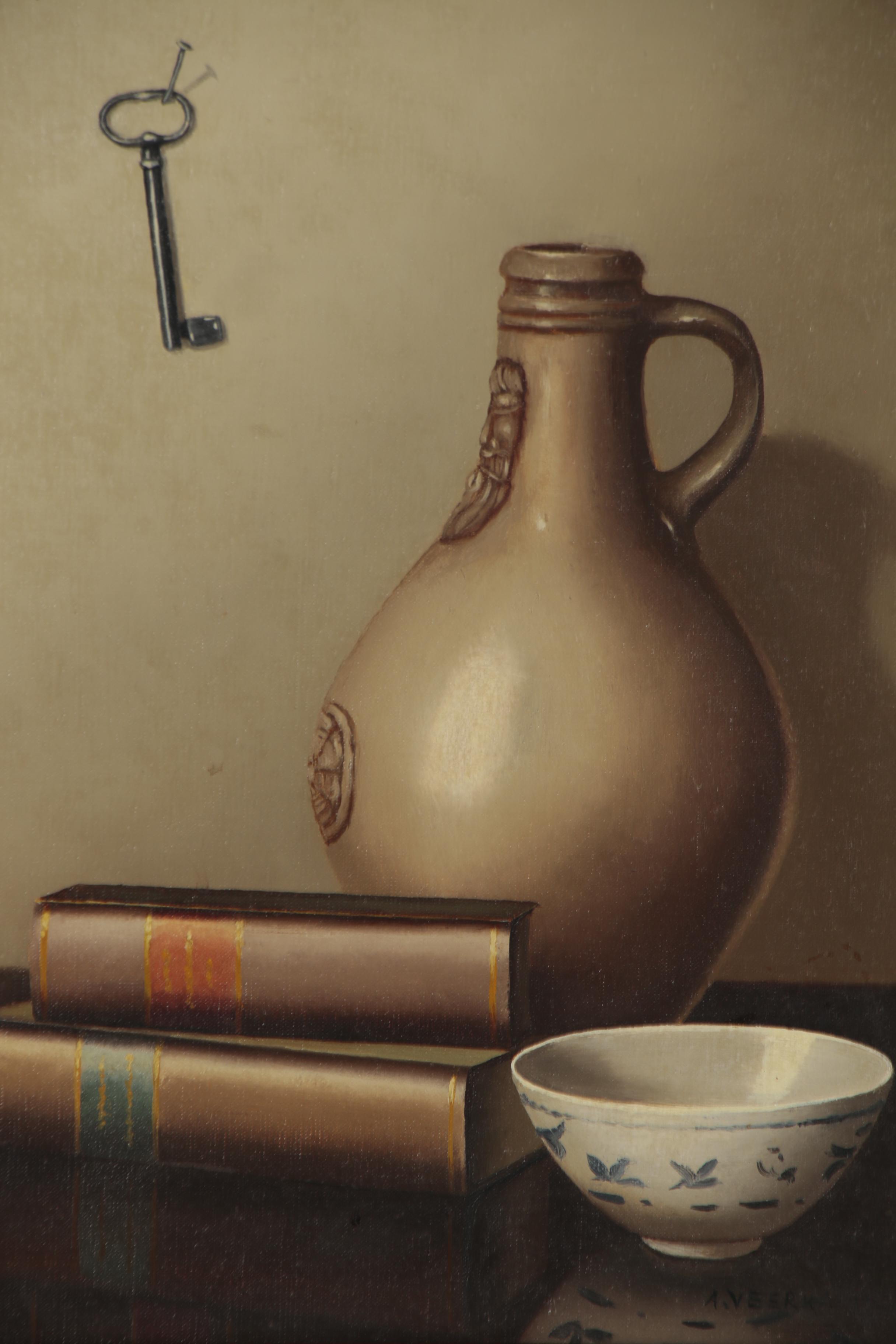 Still Life Oil Painting with Books and a Key, 20th Century