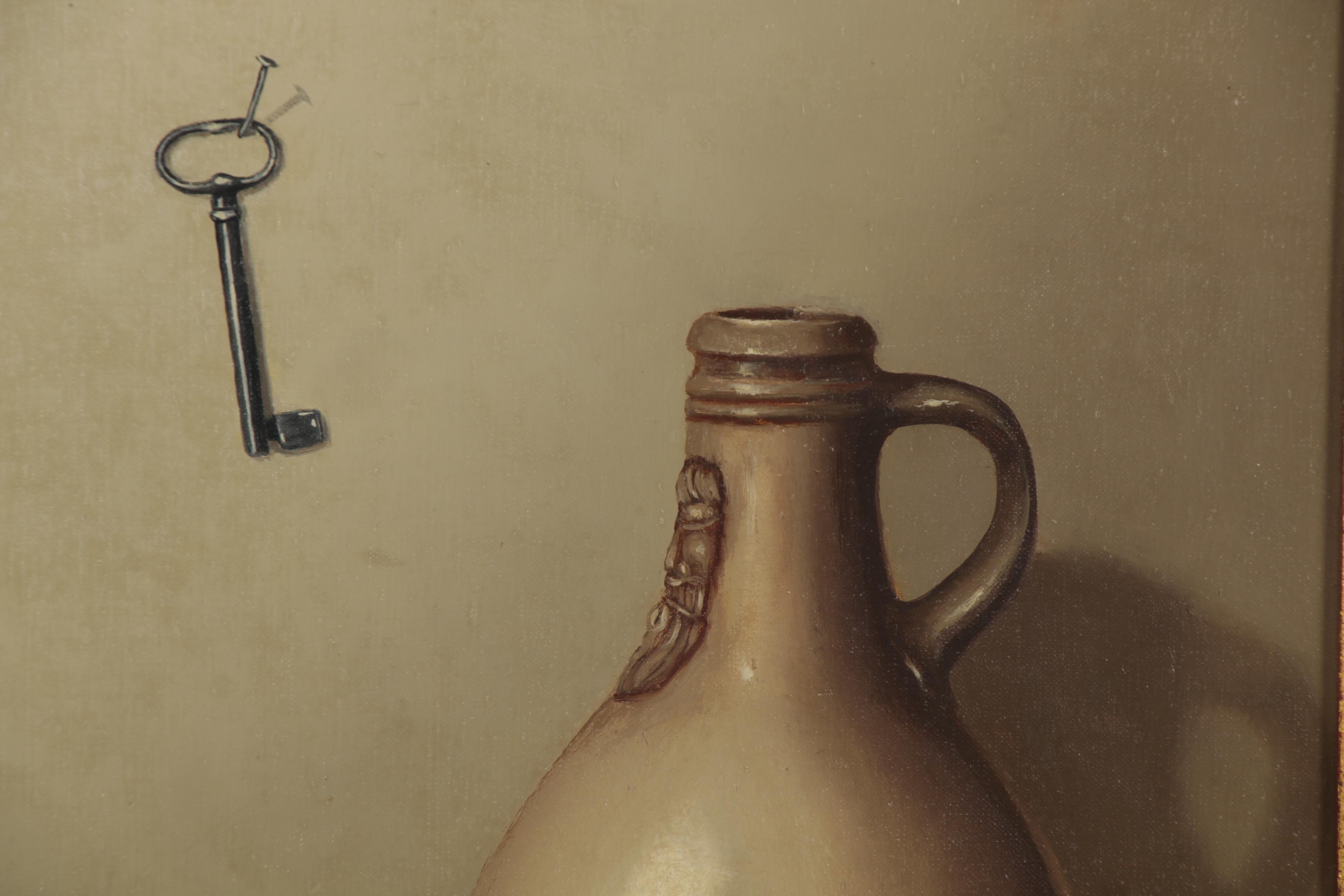 Still Life Oil Painting with Books and a Key, 20th Century