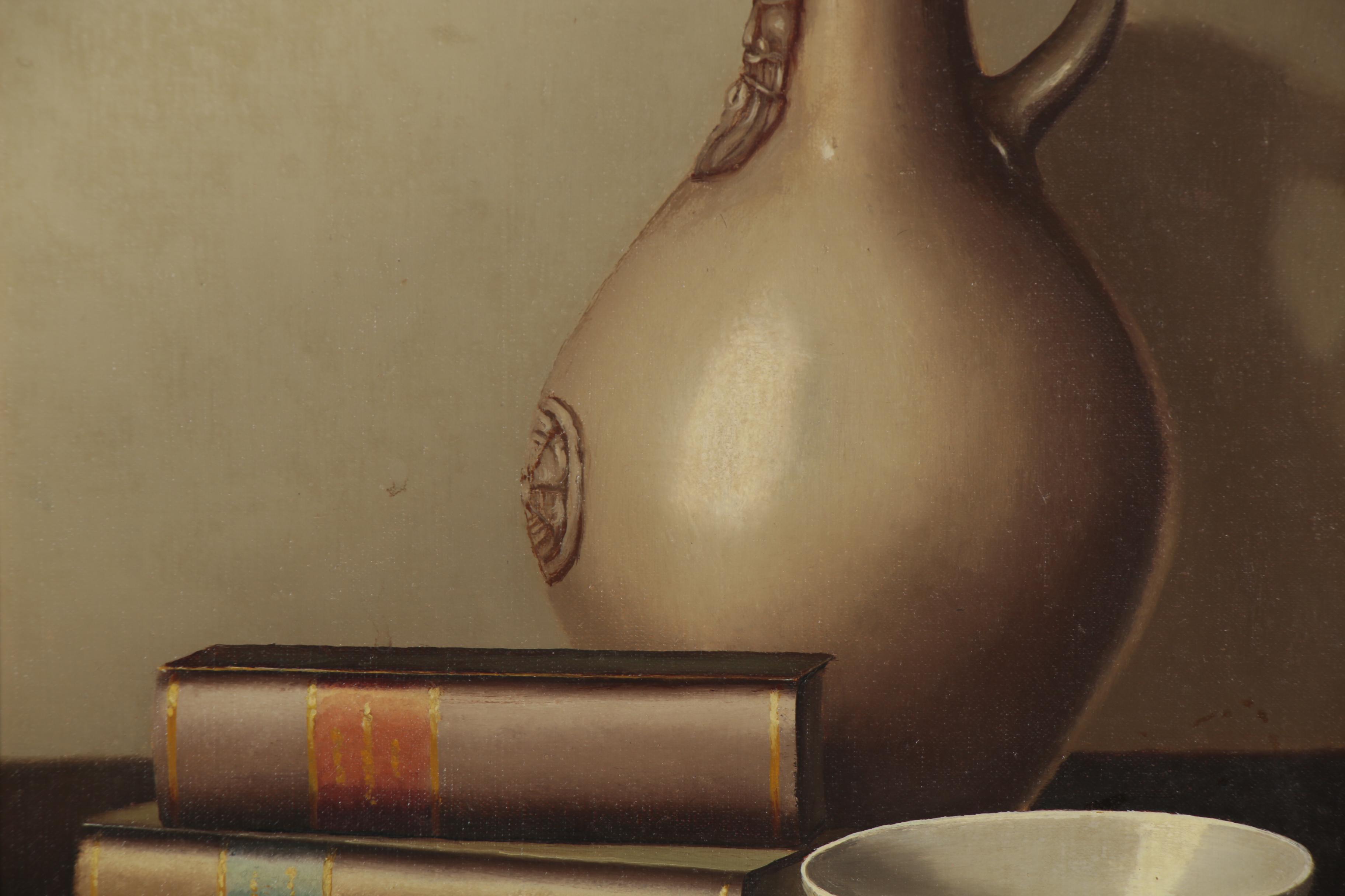 Still Life Oil Painting with Books and a Key, 20th Century