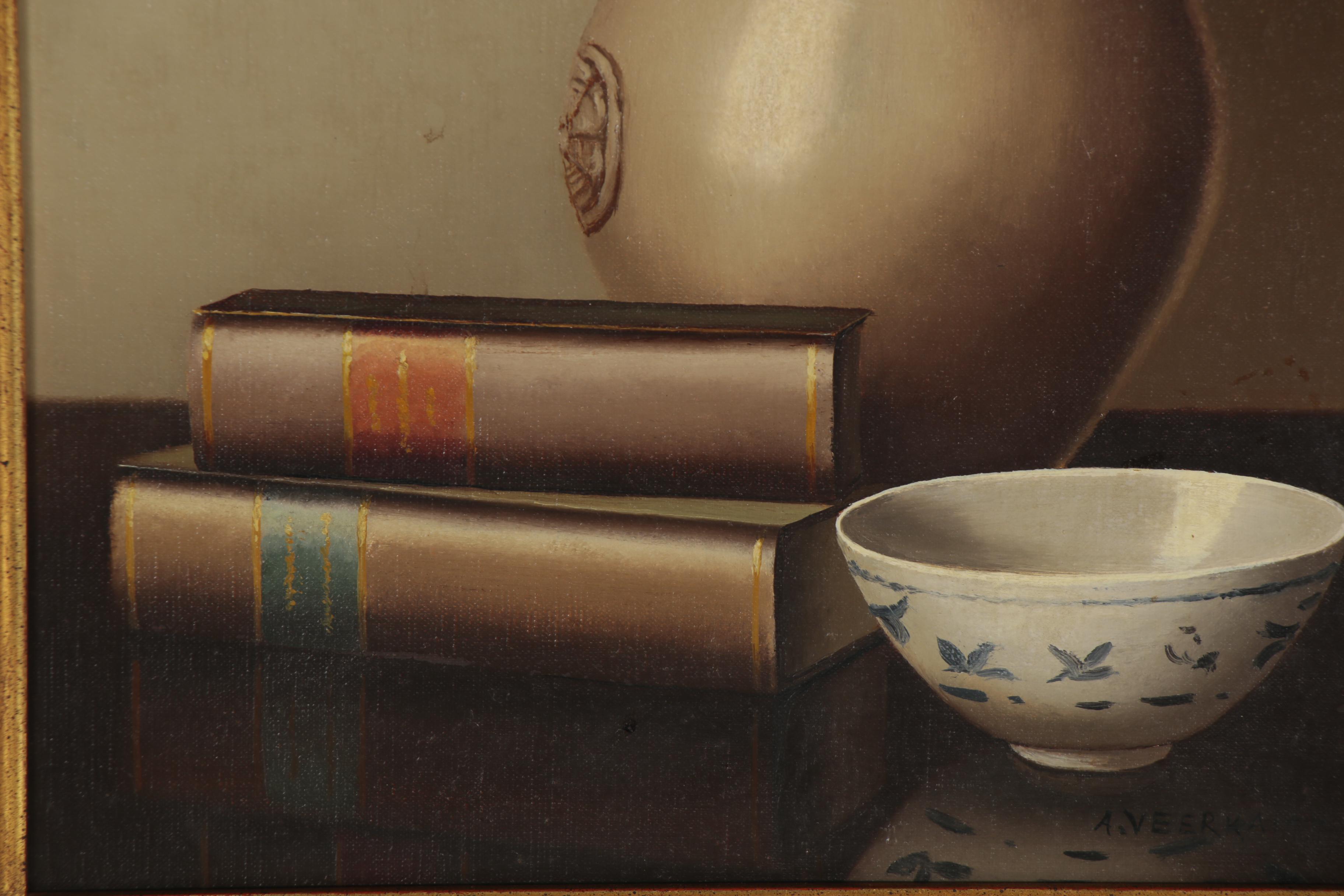 Still Life Oil Painting with Books and a Key, 20th Century