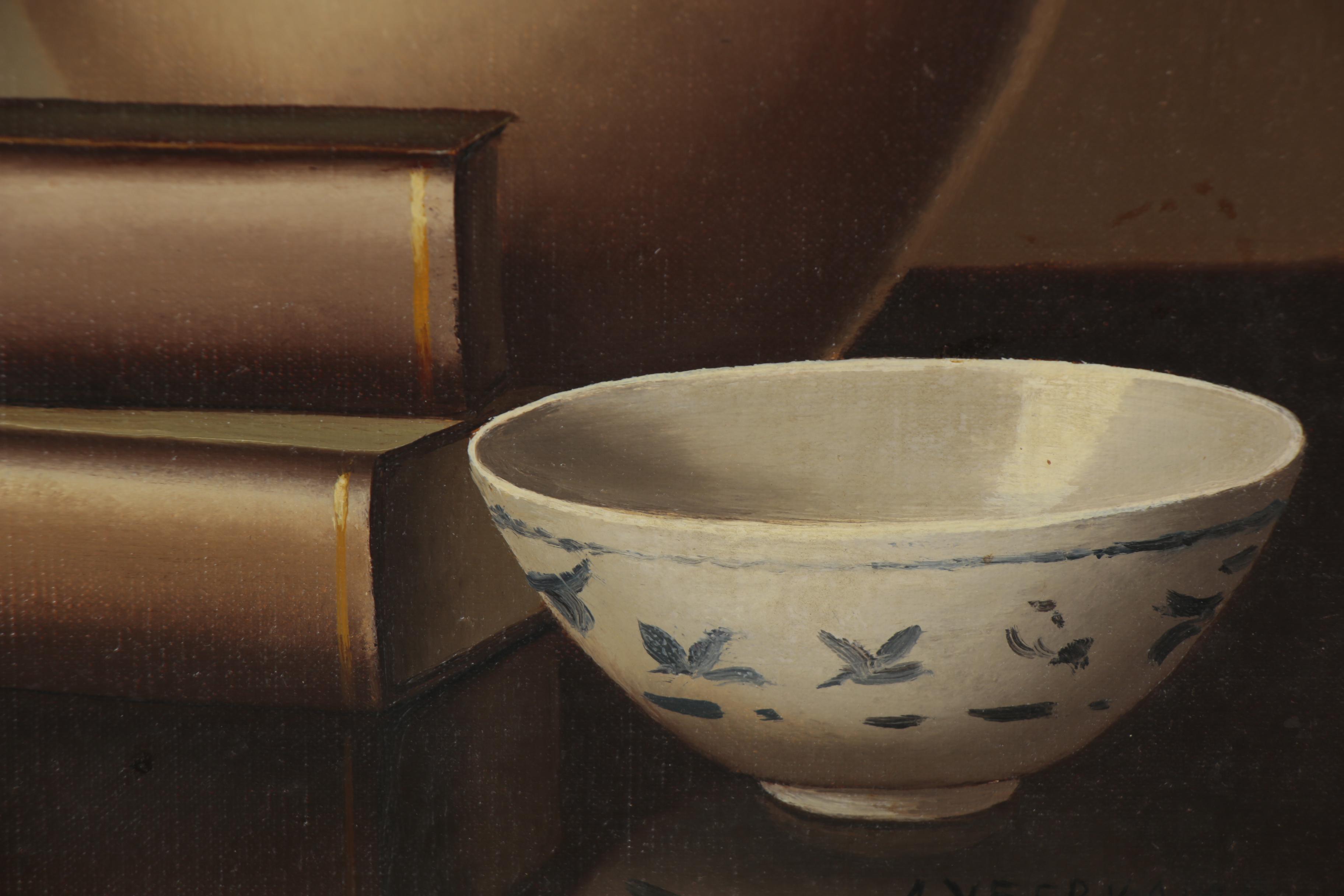 Still Life Oil Painting with Books and a Key, 20th Century