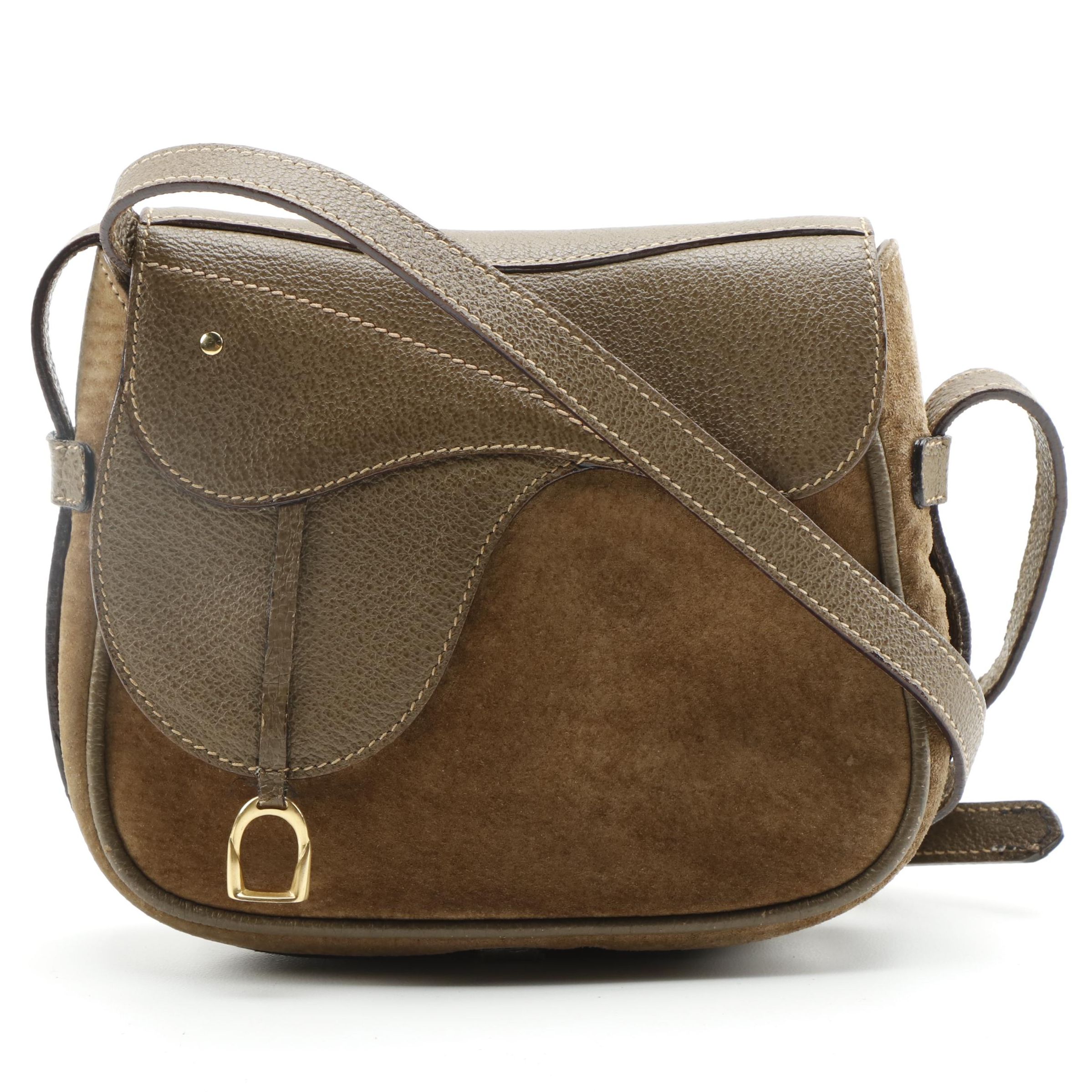 Gucci Two-Way Brown Suede and Leather Kelly Saddle Bag with Contrast Stitching