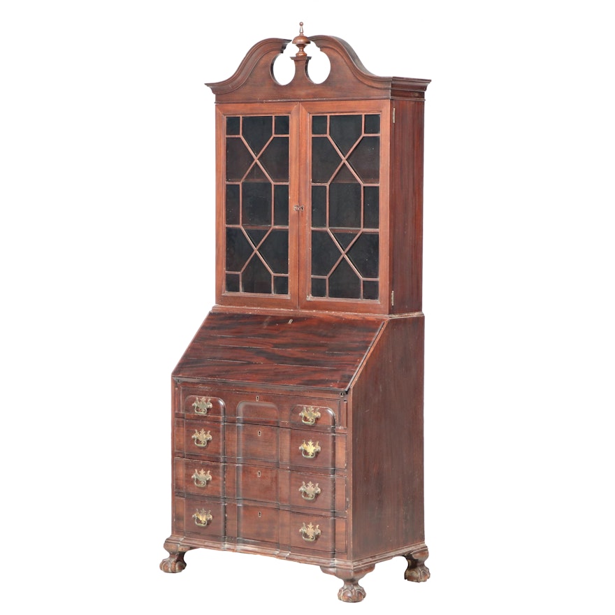 Chippendale Style Mahogany Block Front Secretary Bookcase, Early to Mid 20th C.