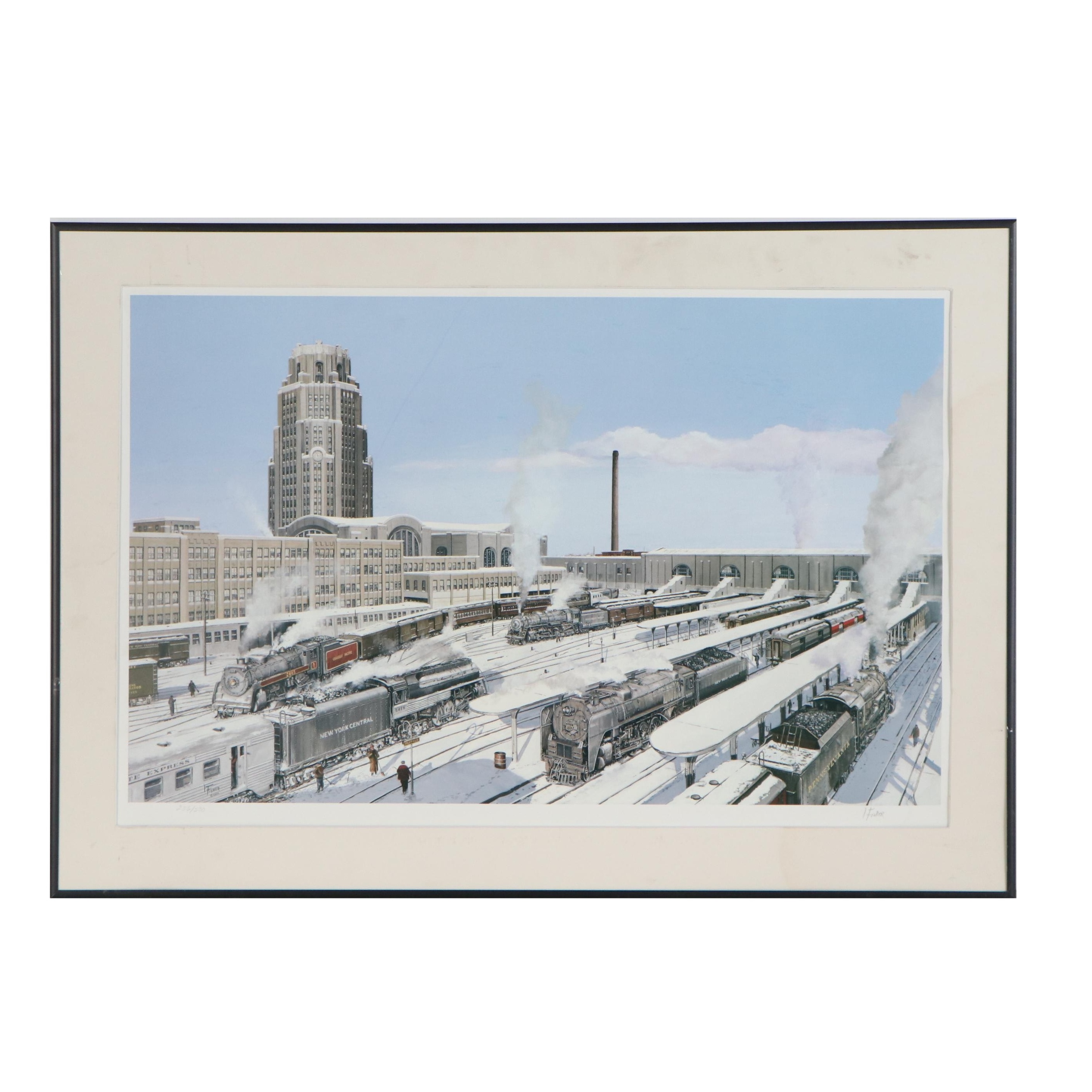 Larry Fisher Offset Lithograph of Snowy Train Station, 21st Century