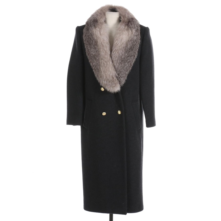 J.G. Hook Black Wool Double-Breasted Coat with Fox Fur Collar