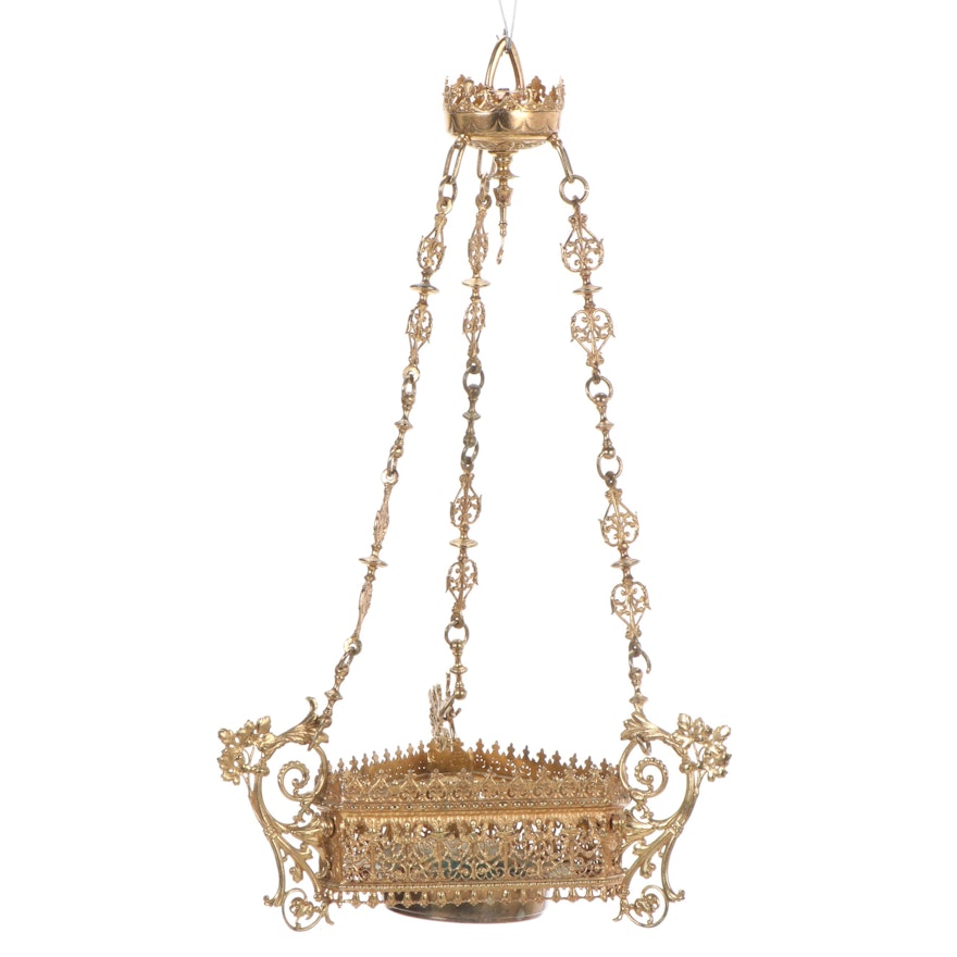 Pierced Brass Hanging Basket, Early to Mid 20th Century